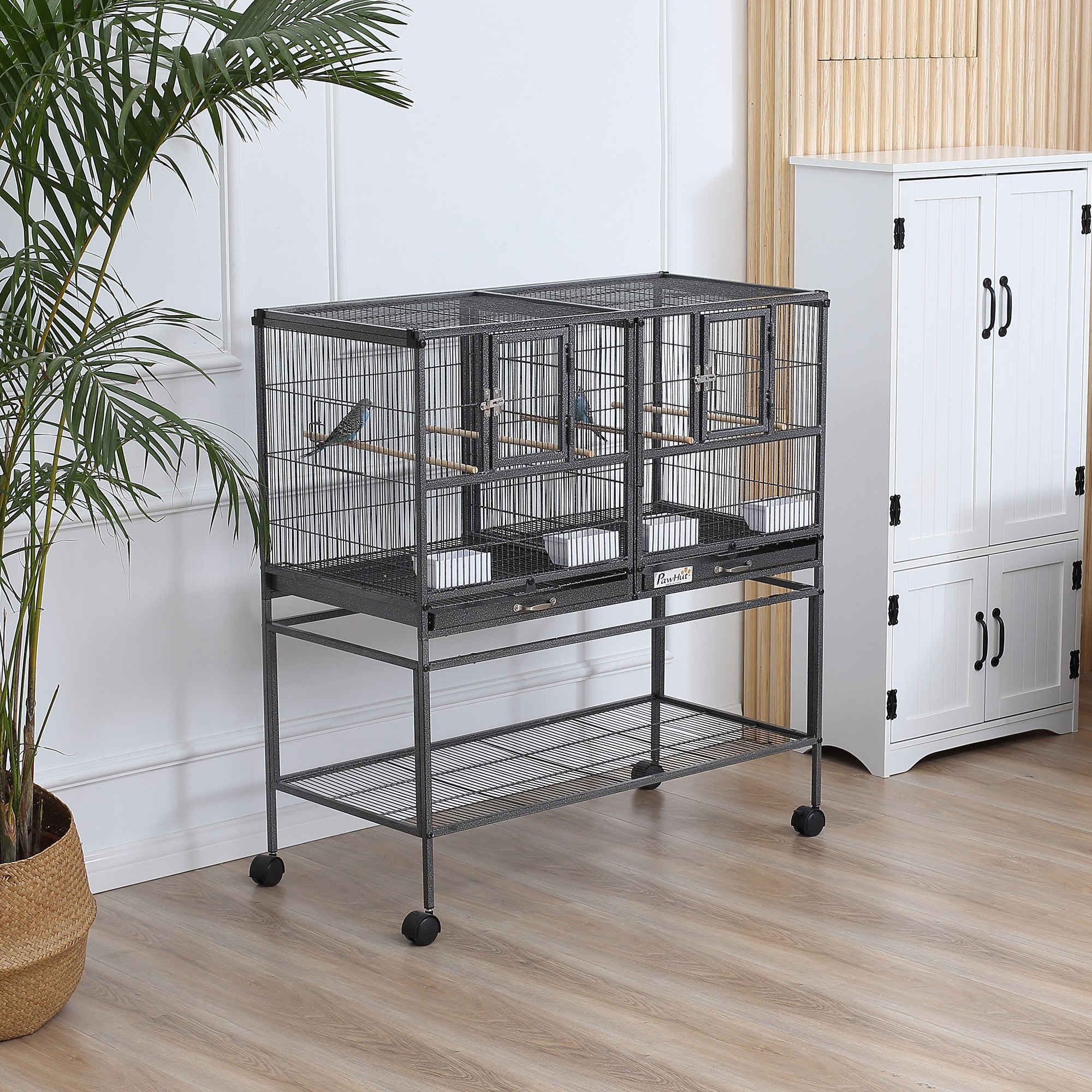 Divided Breeder Bird Cage with Rolling Stand Removable Metal Tray, Storage Shelf, Wood Perch, and Food Container - Image 8