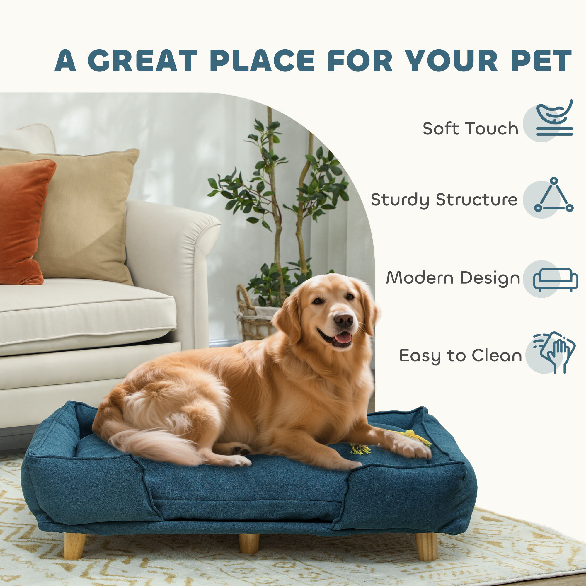 Raised Dog Couch with Comfortable Cushion, Pine Wood Legs, Foot Pads for Large-Sized Dogs Indoor Use, Dark Blue - Image 5