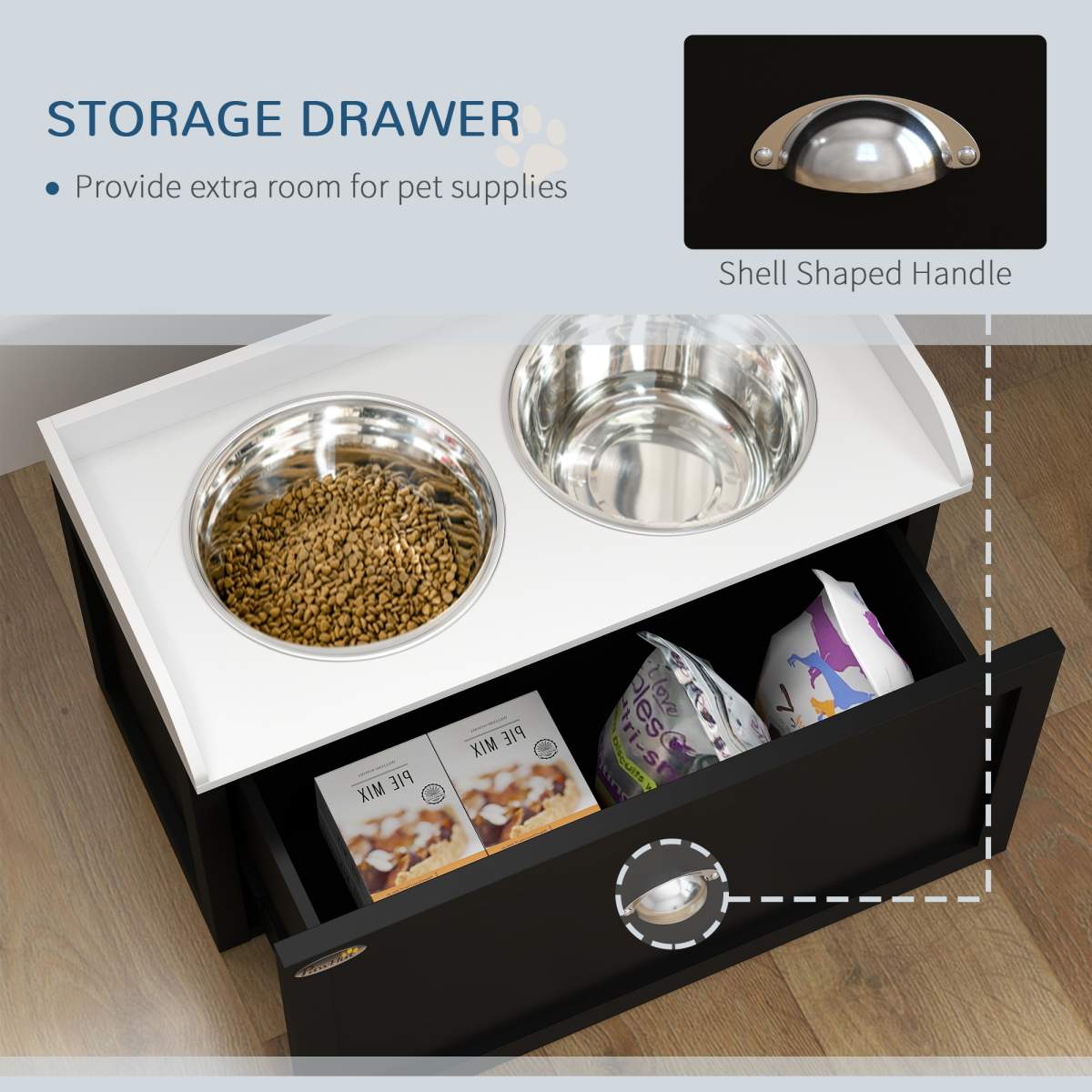 Pet Feeding Station Pet Dish Bowl Set with Storage, 2 Elevated Dog Bowls for Large Sized Dogs, White and Black - Image 7