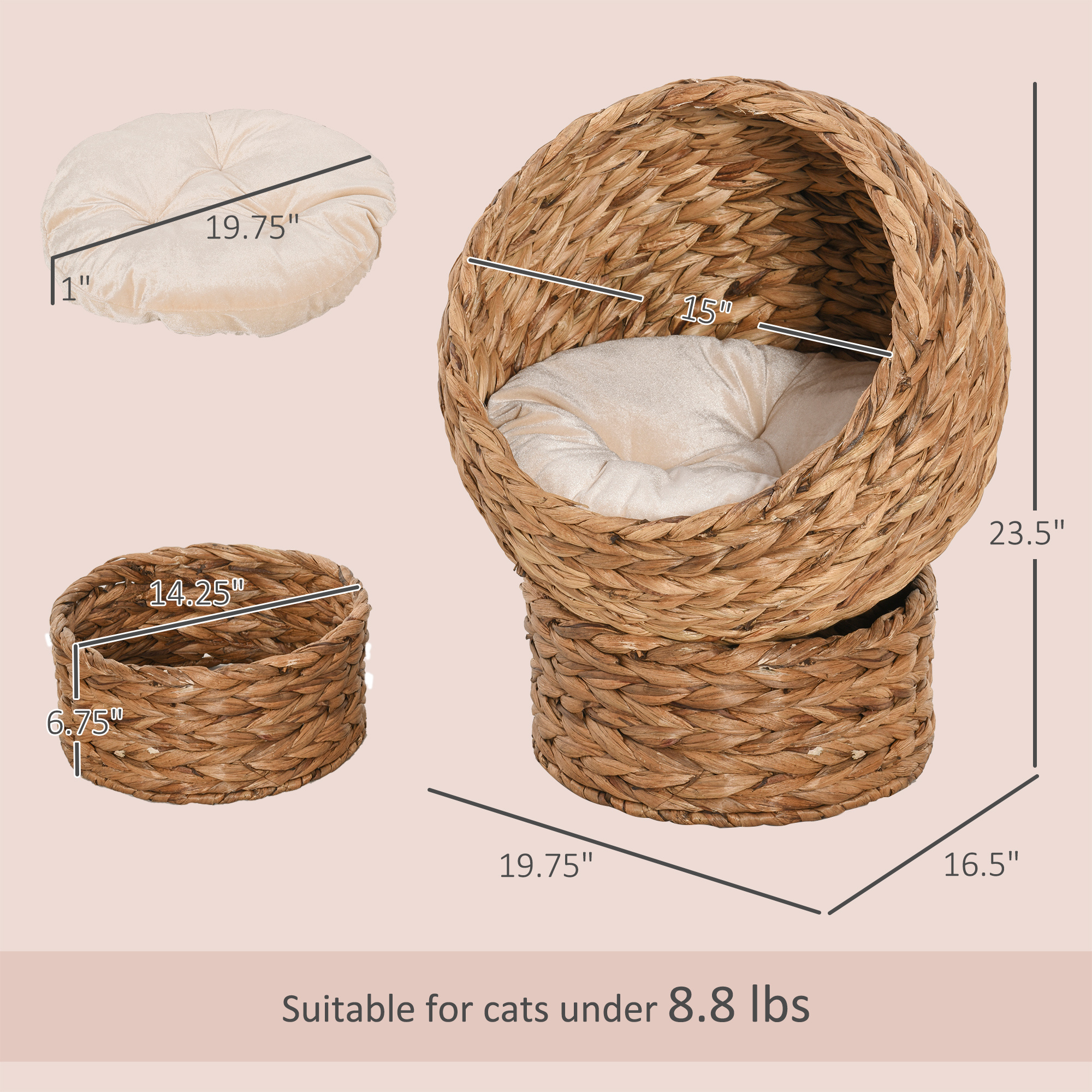 Handwoven Elevated Cat Bed with Soft Cushion & Egg Chair Shape, Basket Bed Kitty House with Stand, Raised Wicker House for Indoor Cats, 23.5" H, Light Brown - Image 3