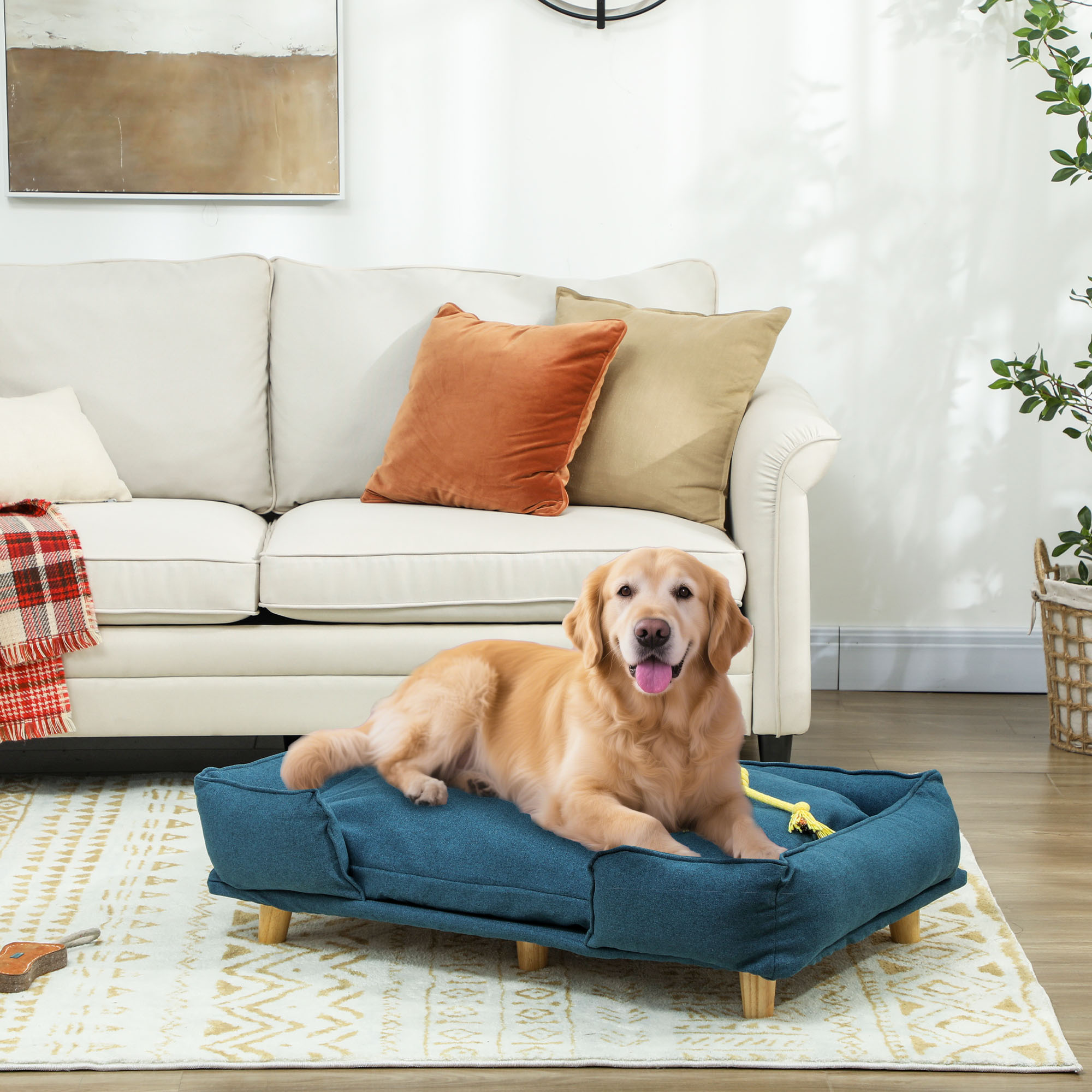 Raised Dog Couch with Comfortable Cushion, Pine Wood Legs, Foot Pads for Large-Sized Dogs Indoor Use, Dark Blue - Image 7