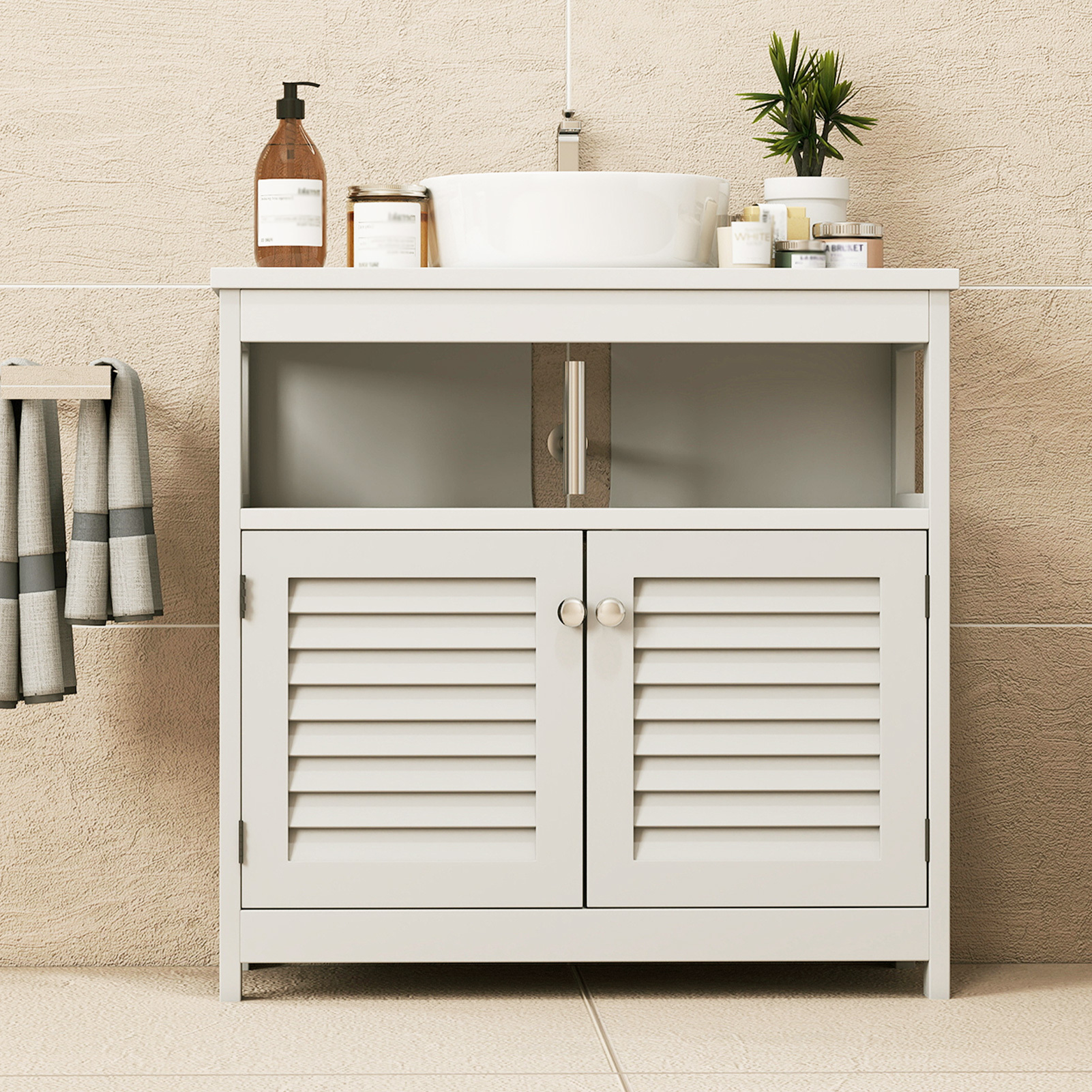 Wall Mounted Sink Plumbing Under Sink Storage Cabinet With 2 Doors Open Shelf U Shape Cut Out Wall Mounted Drainage Bathroom Under Sink Vanity For Toiletries Makeup - Image 2