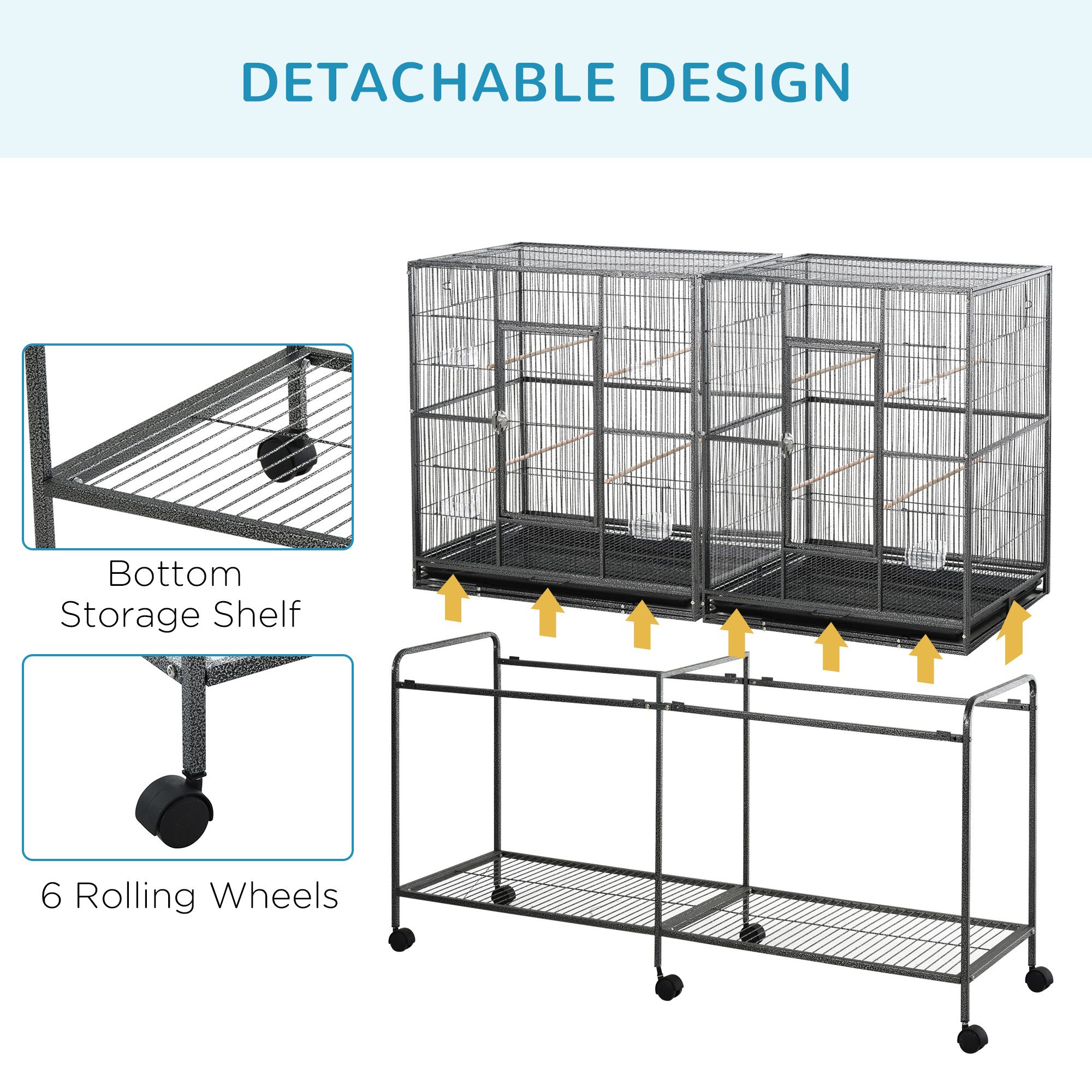 Rolling 65"L Bird Cage w/ Storage Shelf Wood Perch Food Container - Image 2