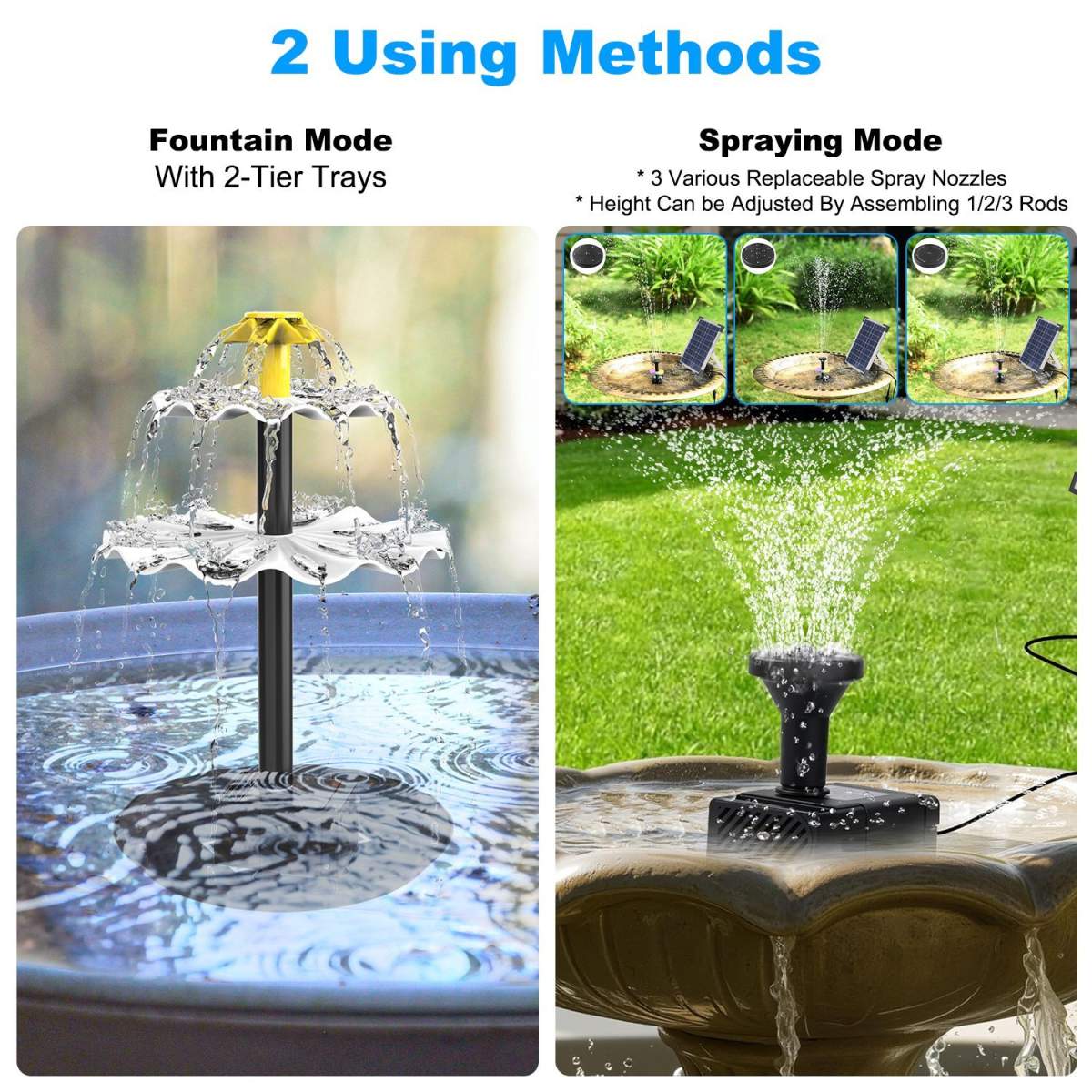 1Pc 3Tier Solar Bird Bath Fountain Solar Powered Water Fountain Waterfall Feature With Colorful Light 3 Nozzles 6W Solar Panel For Bird Bath Patio Yard Pond Garden - Image 10