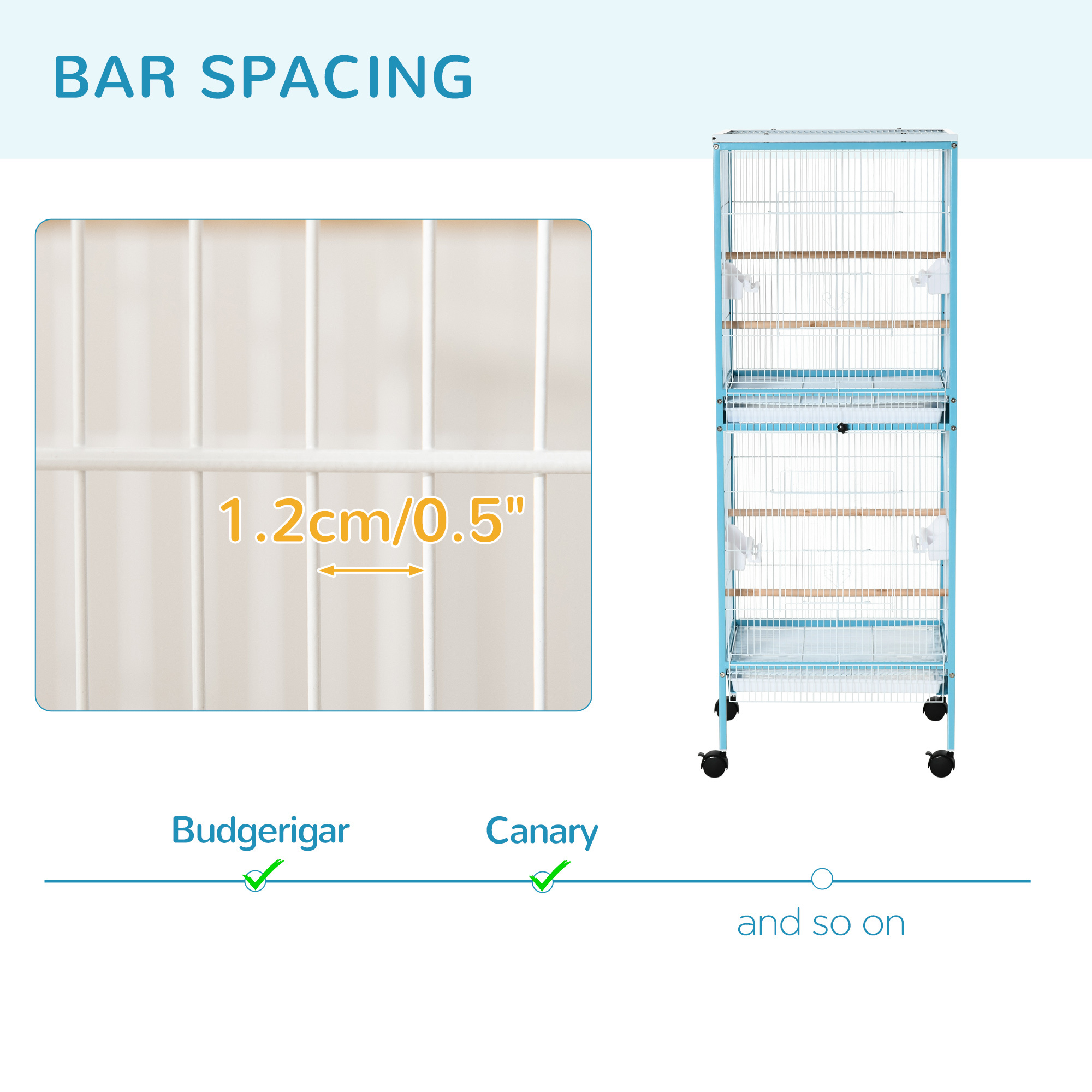 55" 2 In 1 Bird Cage Aviary Parakeet House for finches, budgies with Wheels, Light Blue - Image 8