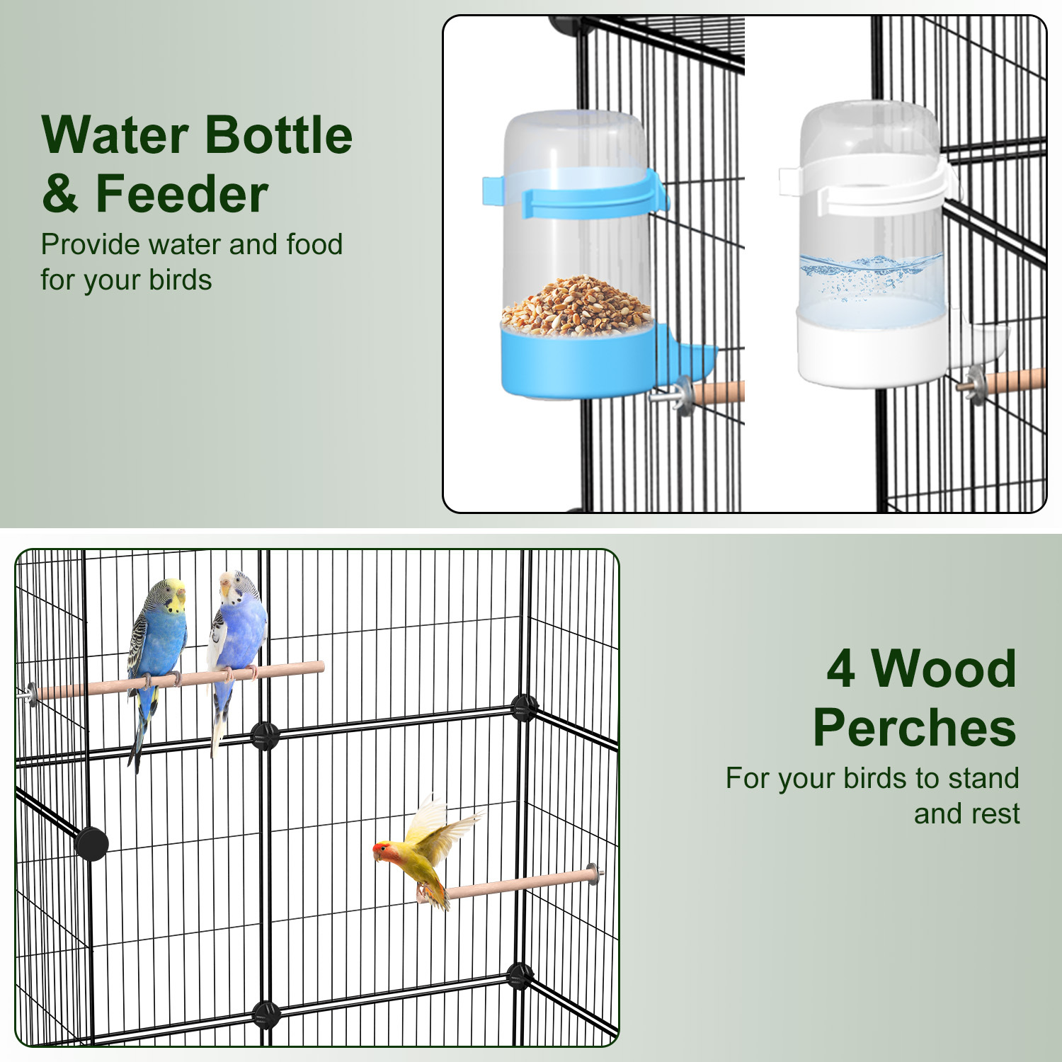 1Pc 46in Bird Cage Spacious Indoor Pet Bird House With 4 Wooden Perches 2 Slide-Out Tray 2 Water Bottle Feeder Lockable Wheels For Parrot Parakeets Cockatiel Lovebird Small Mid-Sized Birds - Image 6