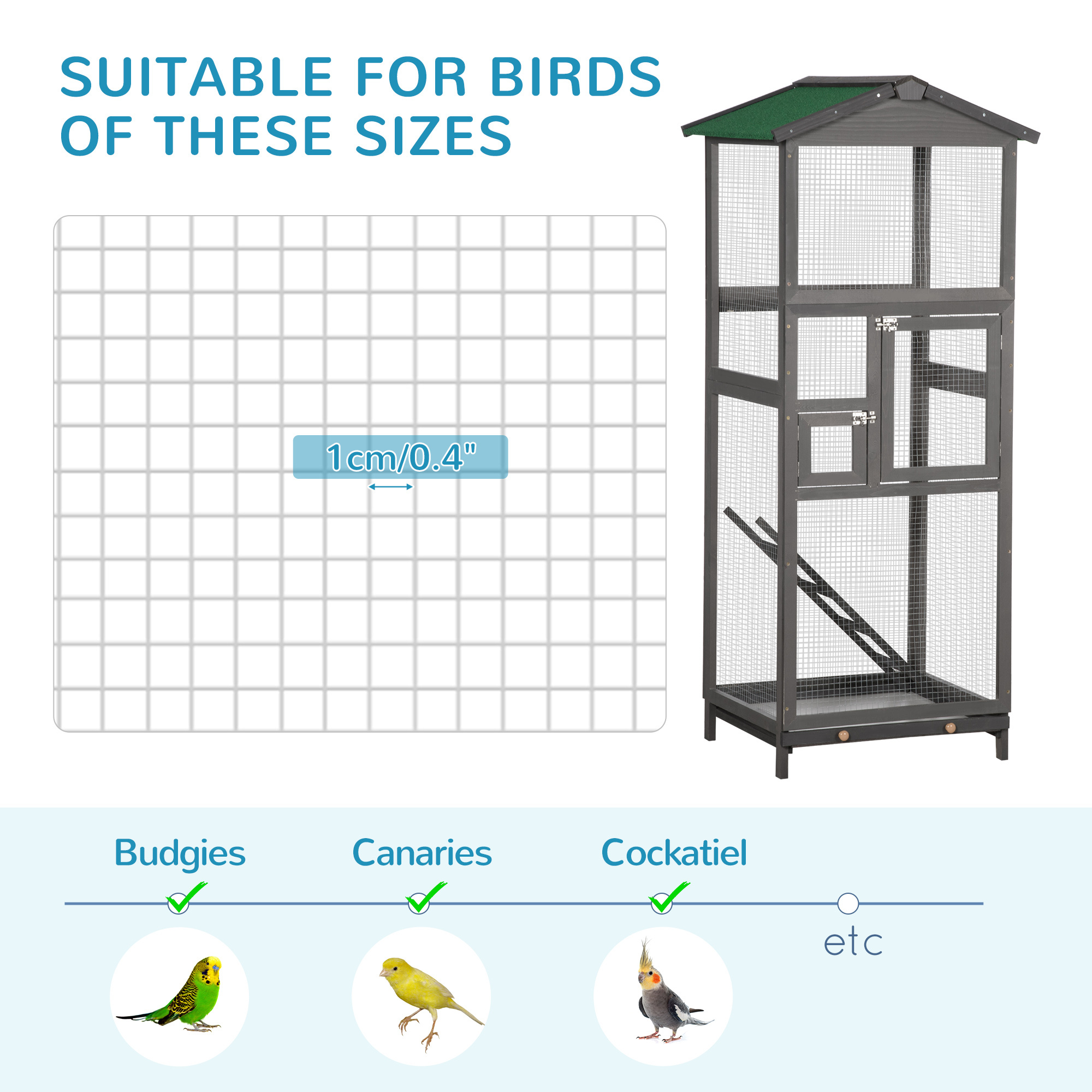 65" Wooden Bird Cage Outdoor Aviary House for Parrot, Parakeet, with Pull Out Tray and 2 Doors, Grey - Image 7