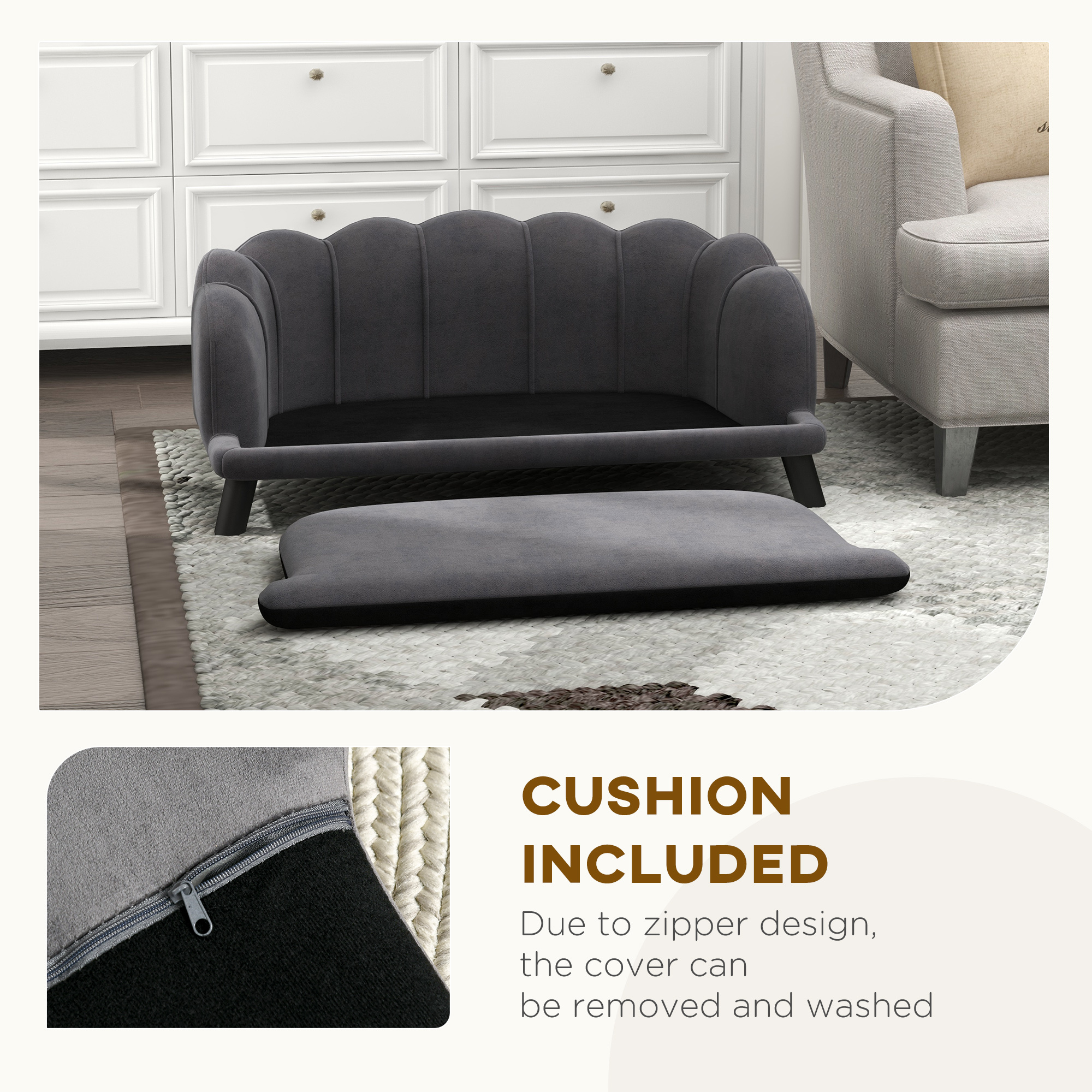 Pearl Design Pet Sofa for Medium and Large Sized Dogs, Pet Bed with Cushion and Solid Wood Legs, Charcoal Gray - Image 8