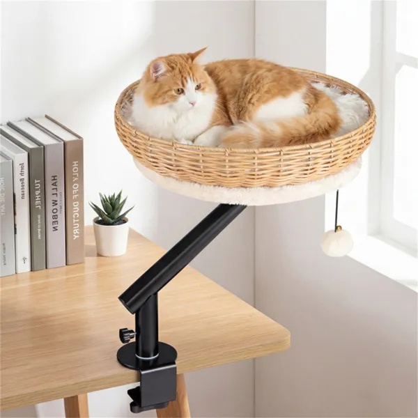 360° Rotatable Desktop Cat Bed Perch, 2-in-1 Workspace Cat Retreat With Jingling Ball (Natural + Black + White) - Image 5