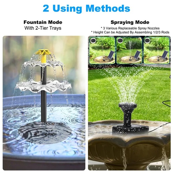 3-Tier Solar Bird Bath Fountain Solar Powered Water-Pump Waterfall Feature With Colorful Light 3 Nozzles 6W Solar Panel For Bird Bath Patio Yard Pond Garden - Image 5