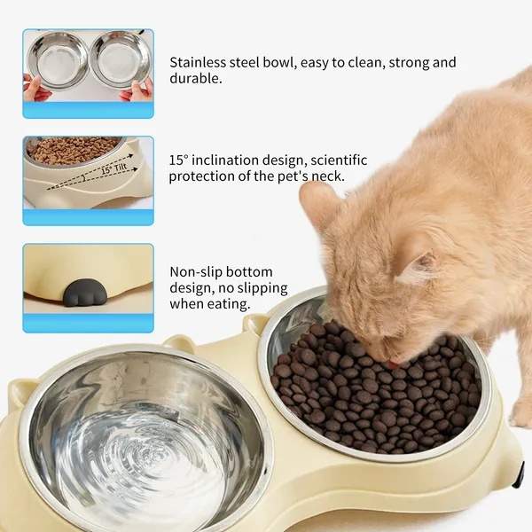 Anti Slip Base Double Cat Food Bowl, Yellow Stainless Steel Food And Water Bowl, Easy To Clean And Detachable Design, Cat And Dog Pet Feeder - Image 4