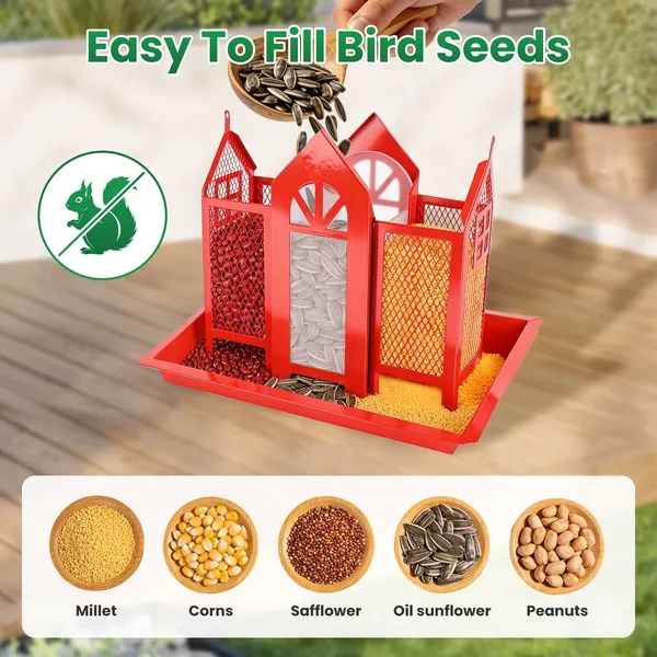 Metal Hanging Bird Feeder House Classic Barn Bird Feeder House Iron Hanging Outdoor Feeder With Visible Window And Lift Top Lid 15.75in Hanging Length Wild Birds Garden Yard Red&White - Image 4