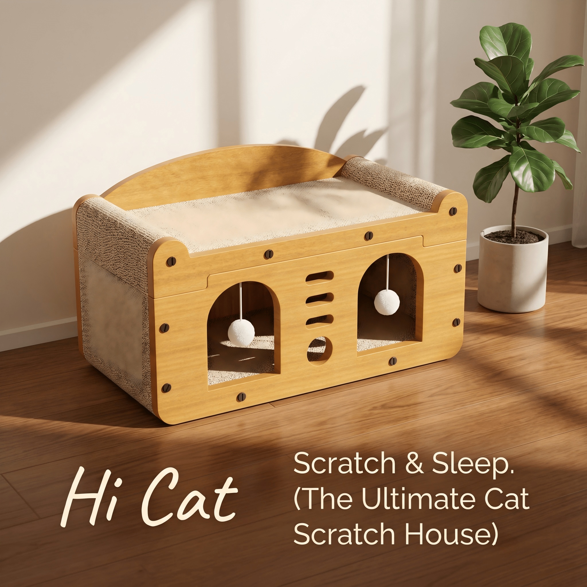 Multi-Style Double-Layer Cat Scratcher House, 2-Tier Large Cat Villa Bed With Corrugated Cardboard, Interactive Hanging Balls & Ergonomic Neck Support, Furniture-Saving Hideaway Cave For Indoor Cats - Image 10