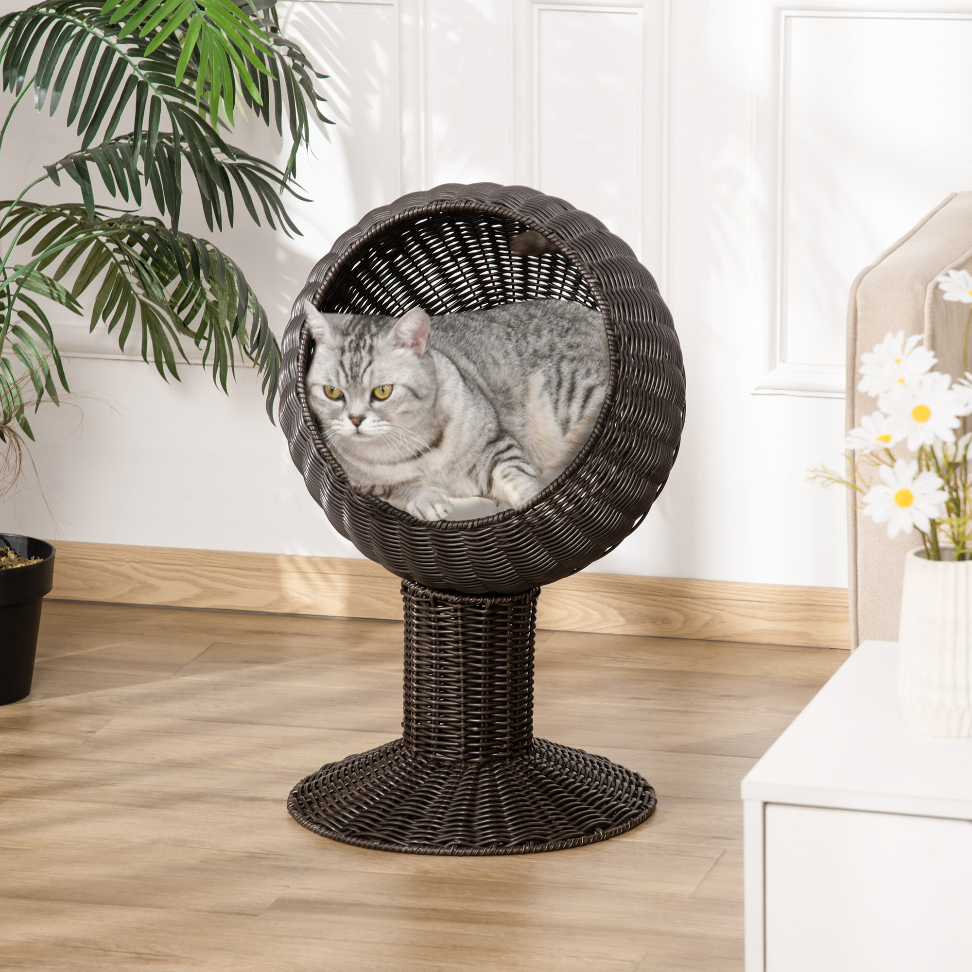 Elevated Cat Bed with Rotatable Egg Chair Pod, Cat Basket Bed with Thick Cushion, Natural Mat Grass Woven Kitty House, Coffee - Image 4
