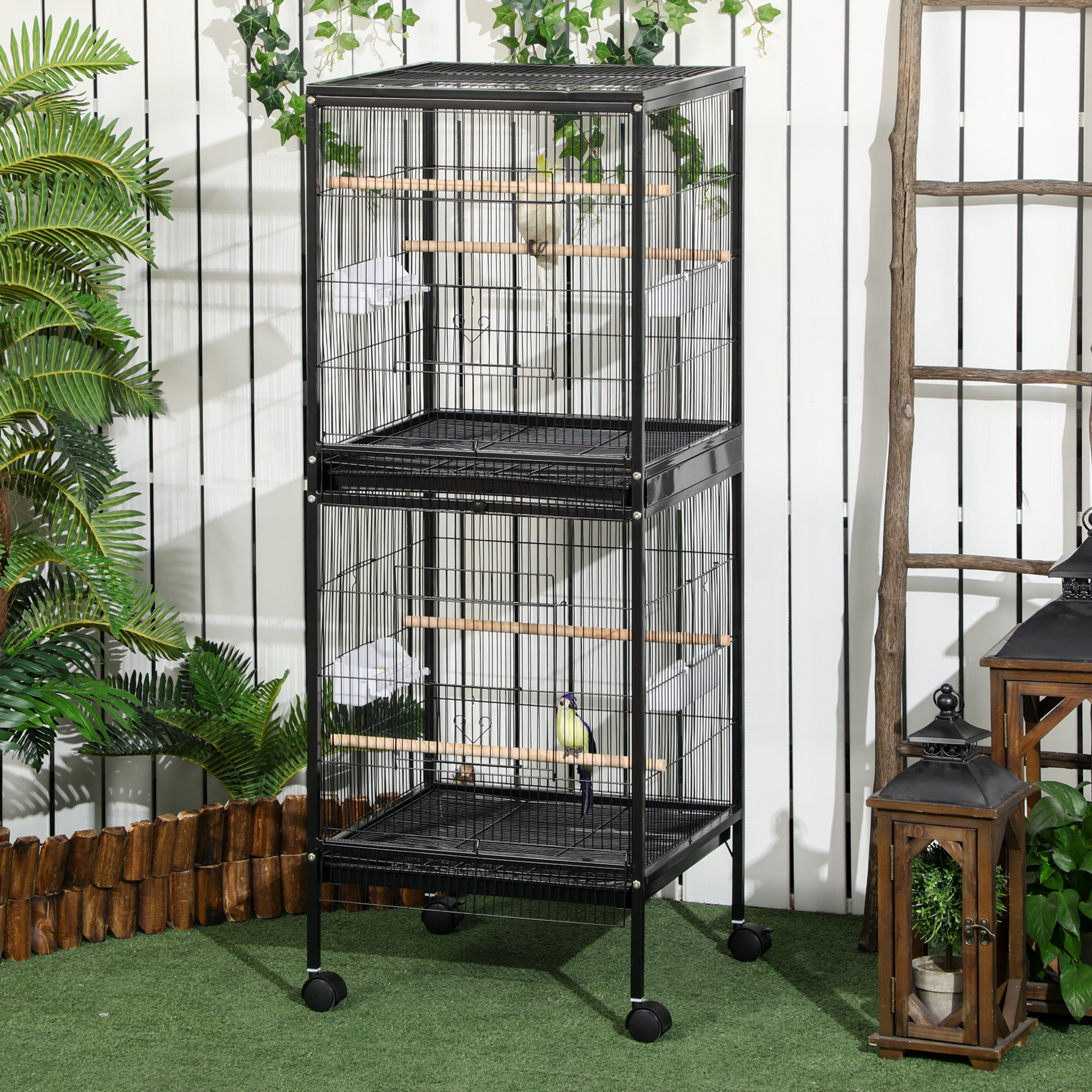 55" 2 In 1 Bird Cage Aviary Parakeet House for finches, budgies with Wheels, Black - Image 5