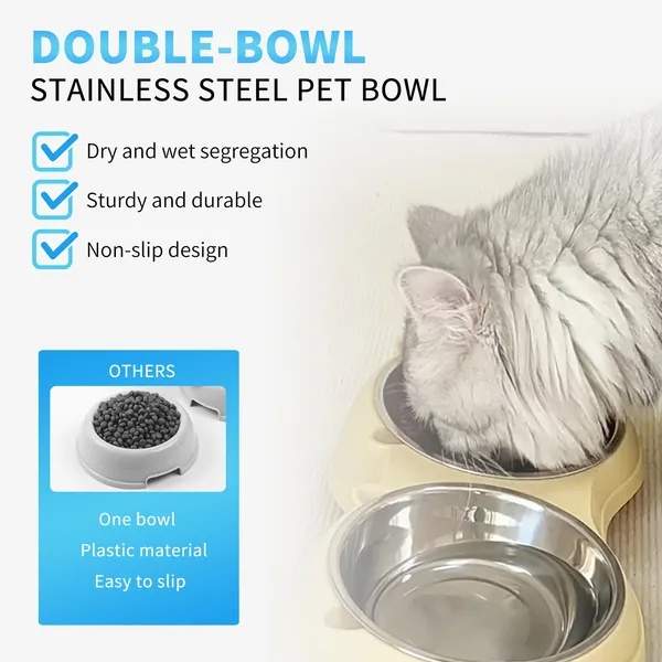 Anti Slip Base Double Cat Food Bowl, Yellow Stainless Steel Food And Water Bowl, Easy To Clean And Detachable Design, Cat And Dog Pet Feeder - Image 6