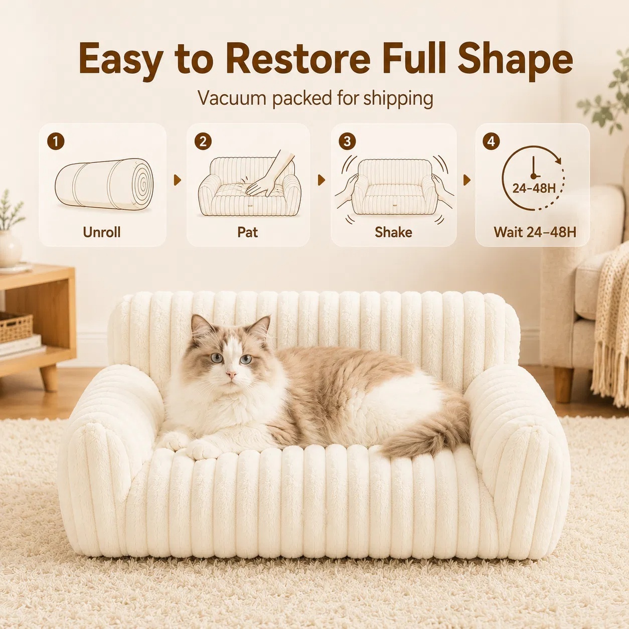 Cute Cat Couch For Pets - Fluffy Cat Beds With Premium Soft Corduroy Fleece, Fuzzy Cats Beds For Indoor Cats With Removable Washable Cover, Supportive Pet Sofa - Image 5