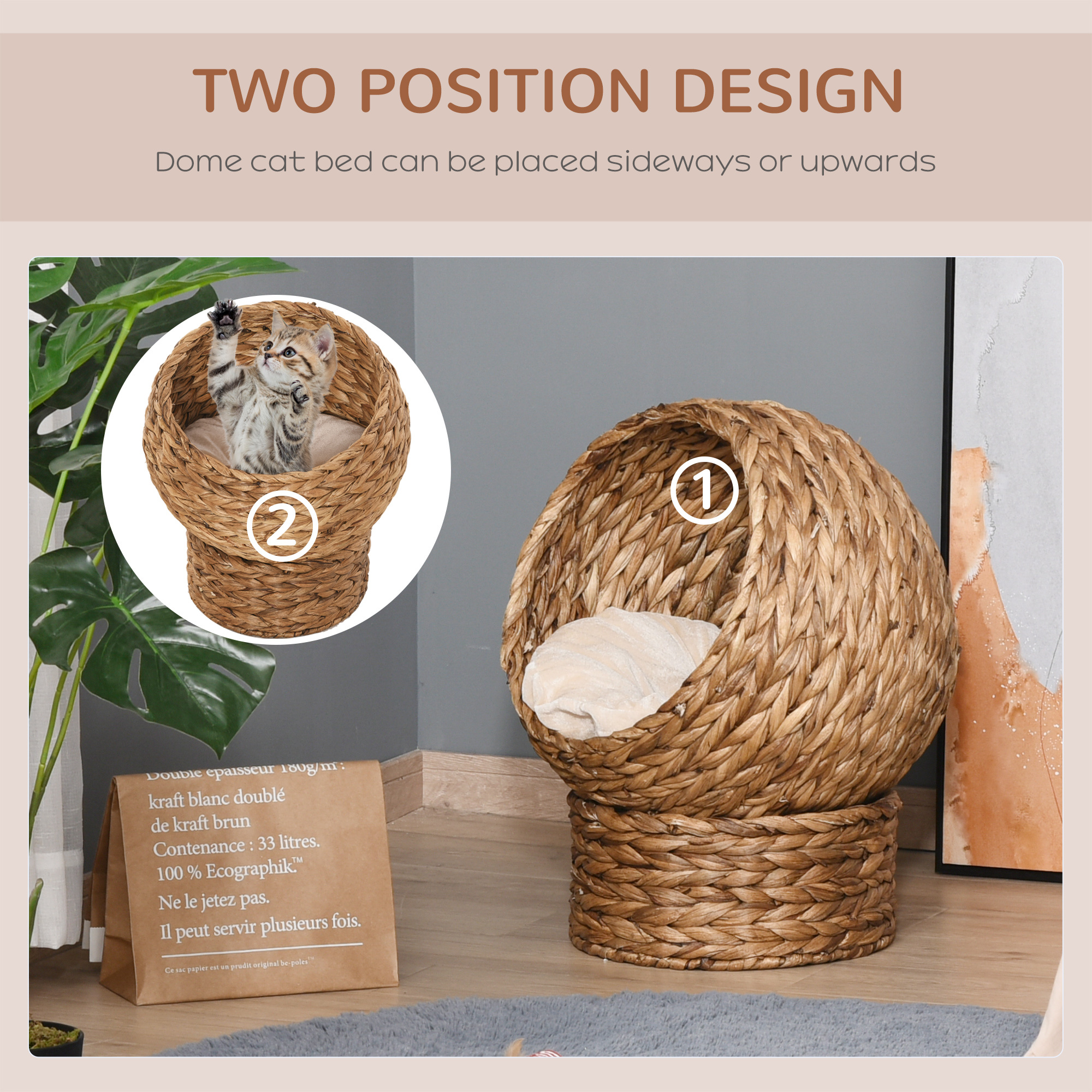 Handwoven Elevated Cat Bed with Soft Cushion & Egg Chair Shape, Basket Bed Kitty House with Stand, Raised Wicker House for Indoor Cats, 23.5" H, Light Brown - Image 4