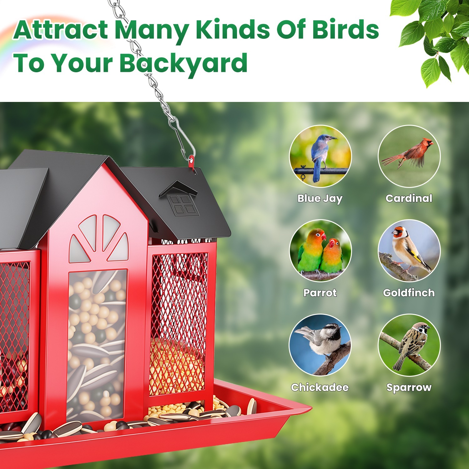 1Pc Metal Hanging Bird Feeder House Classic Barn Bird Feeder House Iron Hanging Outdoor Feeder With Visible Window And Lift Top Lid 15.75in Hanging Length Wild Birds Garden Yard - Image 9