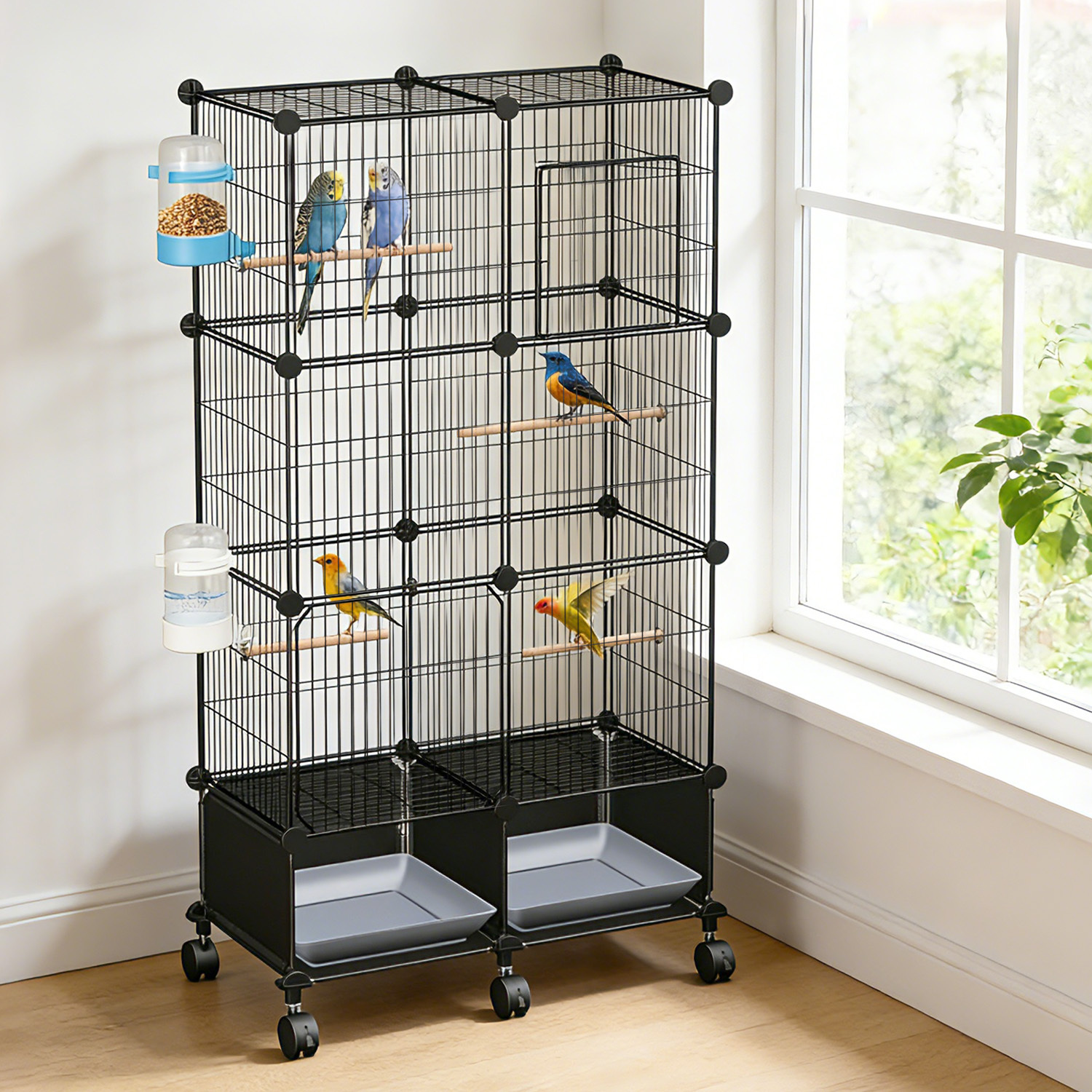 1Pc 46in Bird Cage Spacious Indoor Pet Bird House With 4 Wooden Perches 2 Slide-Out Tray 2 Water Bottle Feeder Lockable Wheels For Parrot Parakeets Cockatiel Lovebird Small Mid-Sized Birds - Image 4