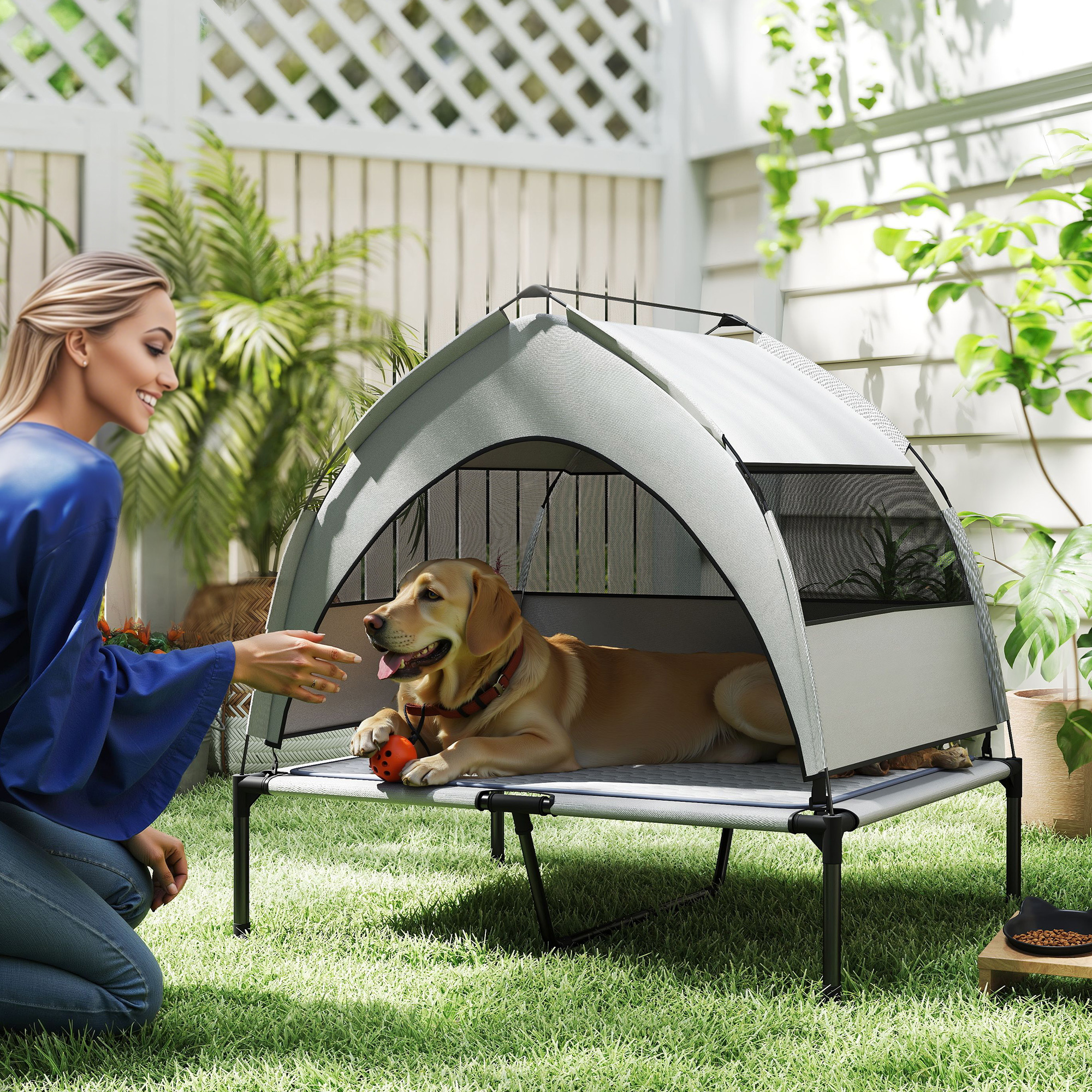 Elevated Dog Bed with Removable Canopy, Portable Outside Raised Pet Cot with Cooling Pad, Storage Bag, 36" x 29.5" x 35" - Image 6