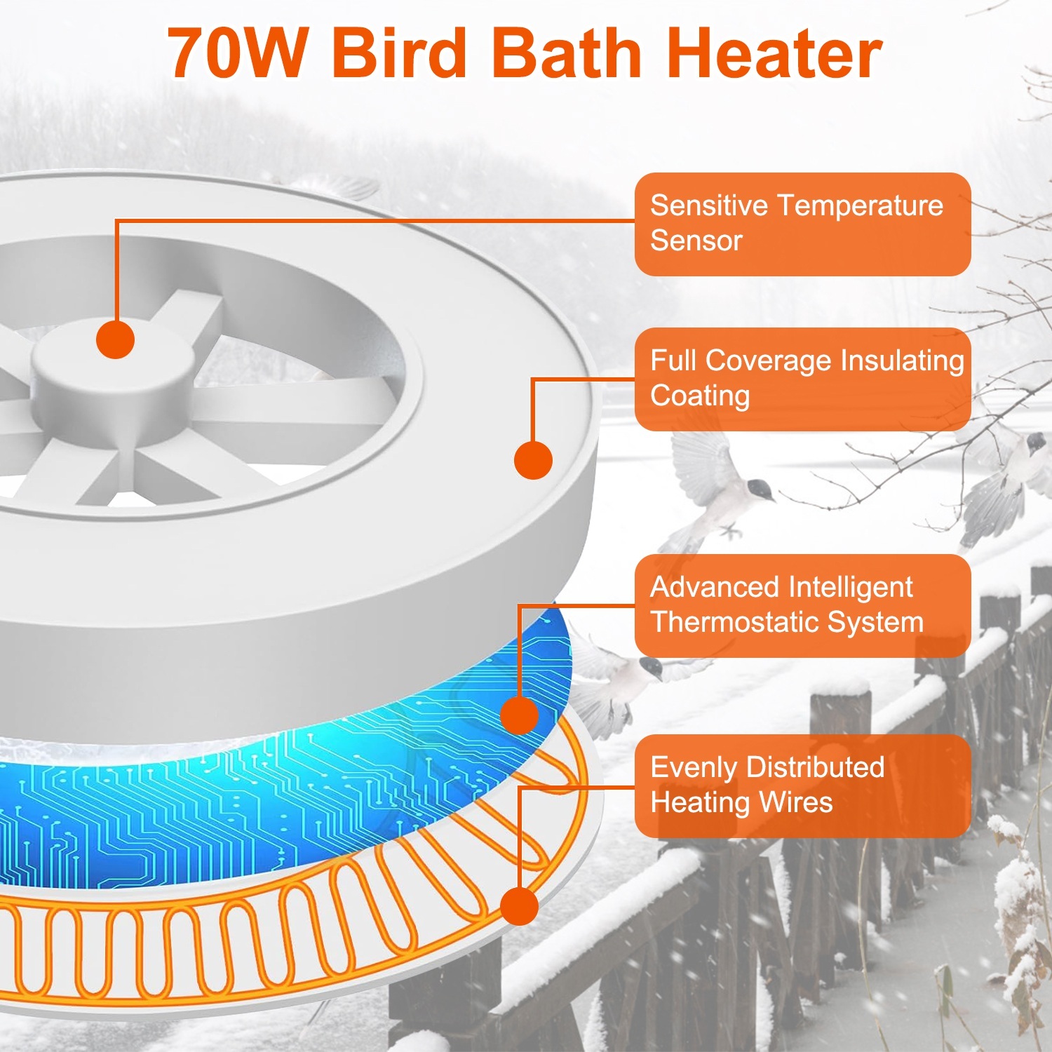 70W Bird Bath Heater For Outdoors Winter Heated Bird Bath Deicer Waterproof Aluminum Alloy Water Heater With Thermostat Auto Shutdown For Yard Patio Farm - Image 4