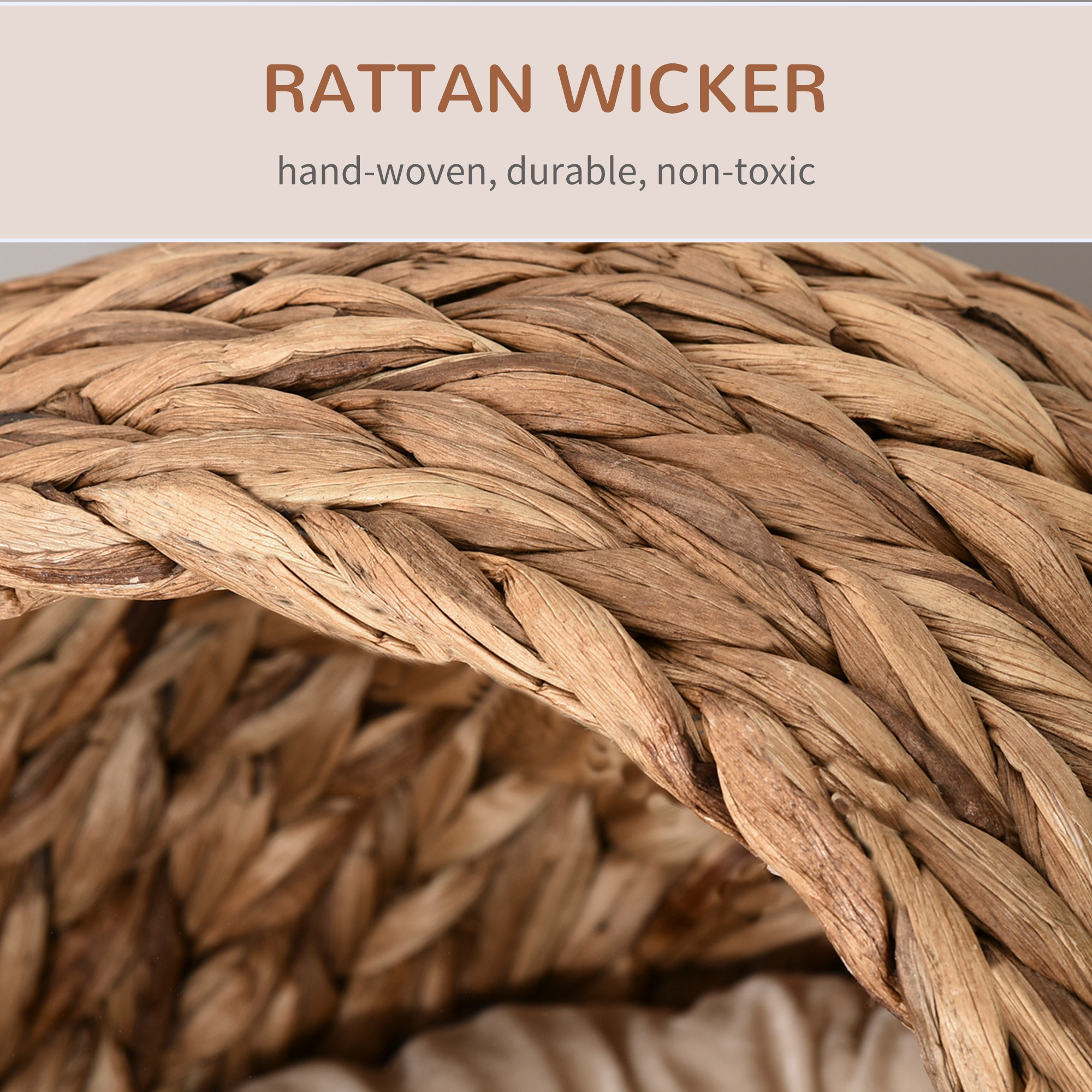 Handwoven Elevated Cat Bed with Soft Cushion & Egg Chair Shape, Basket Bed Kitty House with Stand, Raised Wicker House for Indoor Cats, 23.5" H, Light Brown - Image 5