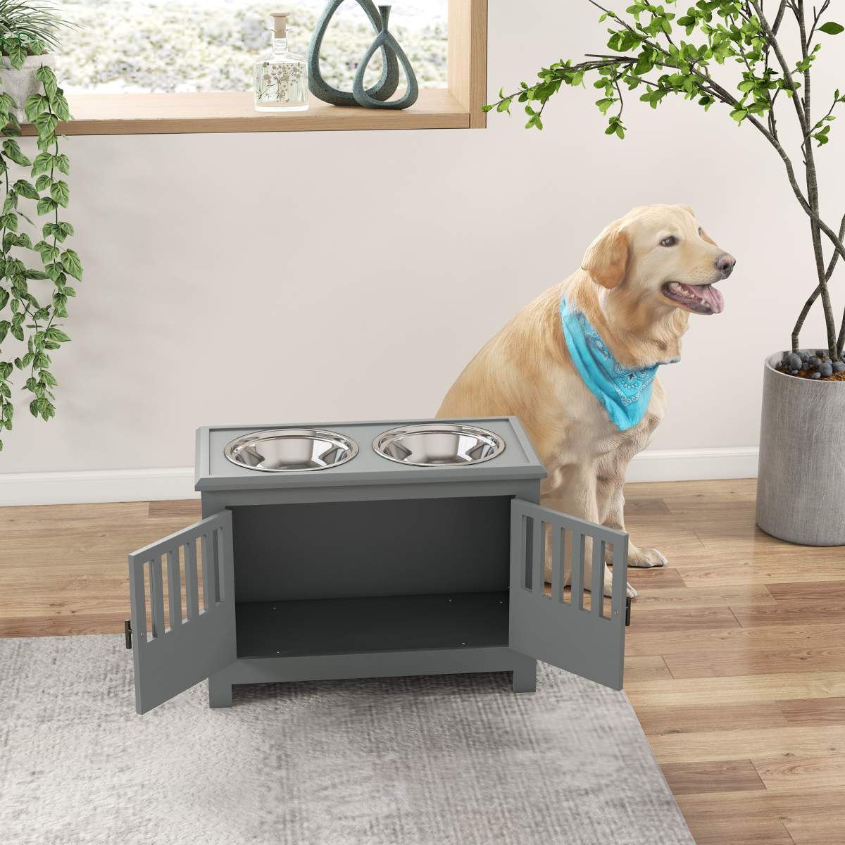 Dog Food Storage Cabinet with Bowls & Dog Feeding Station, Gray - Image 8