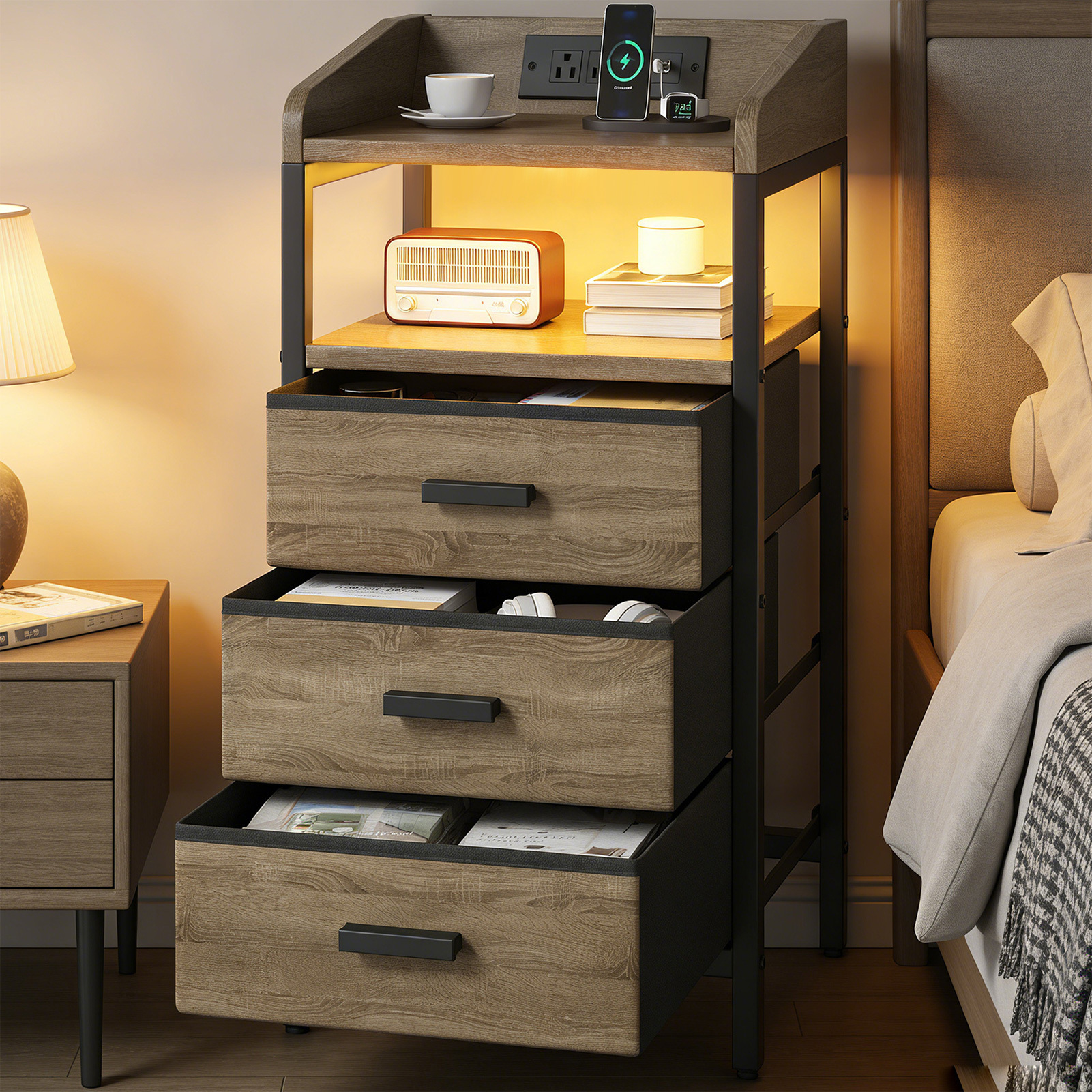 2 Pack Night Stand With Charging Station And Light Bedside End Table With 3 Fabric Drawers 2 USB Ports And Outlets For Bedroom - Image 7