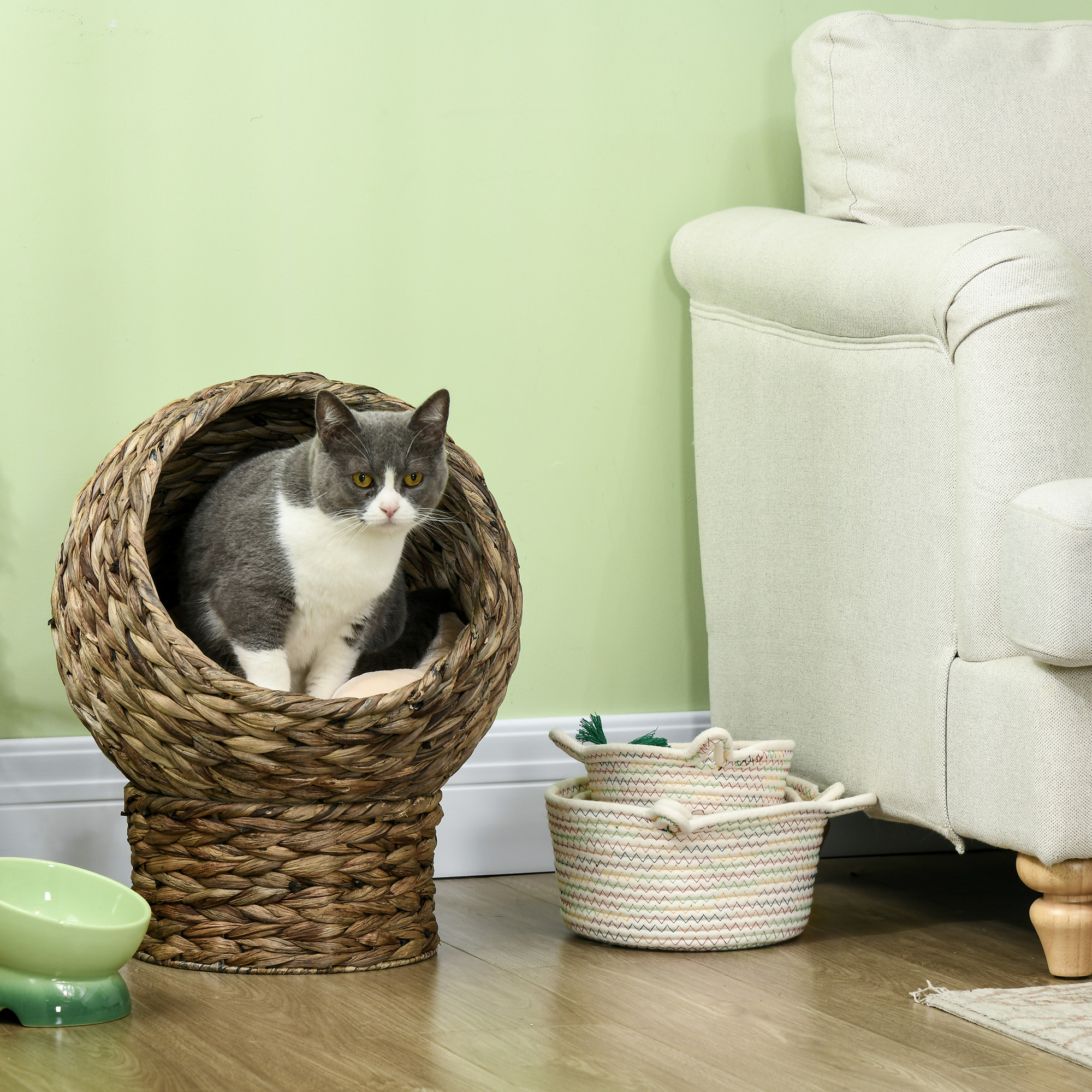Handwoven Elevated Cat Bed with Soft Cushion & Egg Chair Shape, Basket Bed Kitty House with Stand, Raised Wicker House for Indoor Cats, 20" H, Gray - Image 3