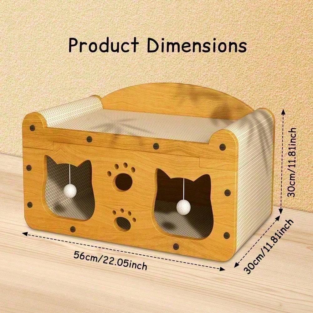 Multi-Style Double-Layer Cat Scratcher House, 2-Tier Large Cat Villa Bed With Corrugated Cardboard, Interactive Hanging Balls & Ergonomic Neck Support, Furniture-Saving Hideaway Cave For Indoor Cats - Image 3