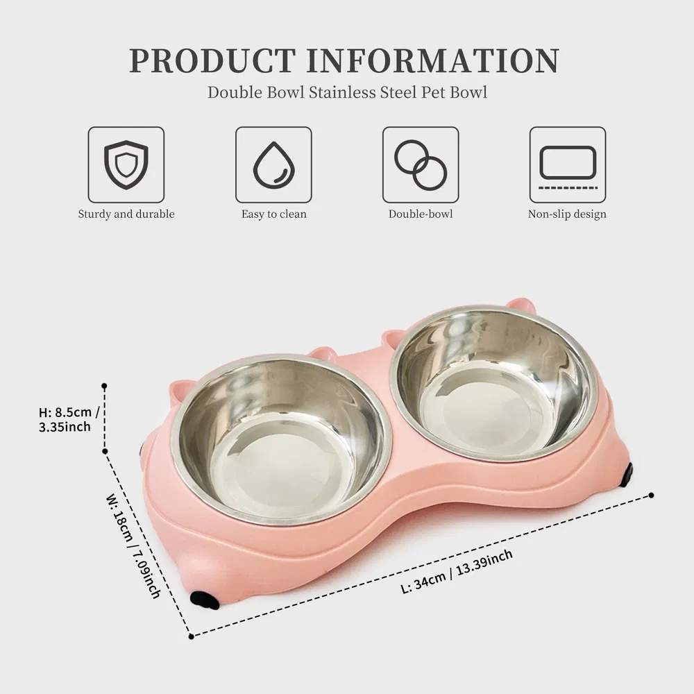 Anti Slip Base Double Cat Food Bowl, Pink Stainless Steel Food And Water Bowl, Easy To Clean And Detachable Design, Cat And Dog Pet Feeder - Image 6