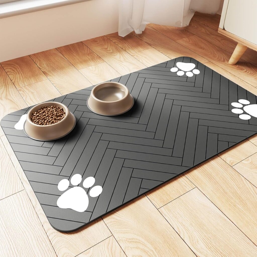 Absorbent Pet Feeding Mat 20x12 Inch, Waterproof Rubber Backing, Dark Gray Striped