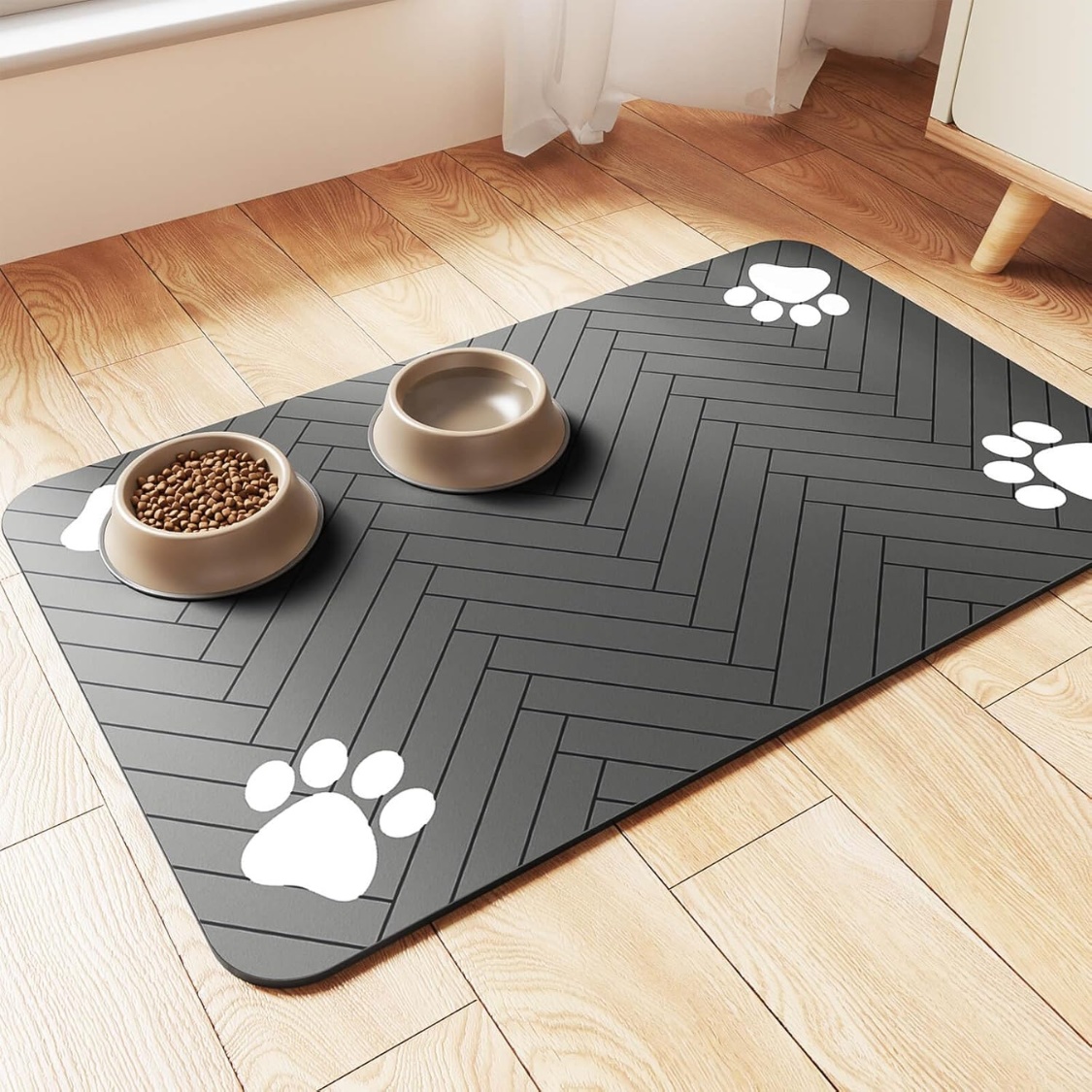 Absorbent Pet Feeding Mat 20x12 Inch, Waterproof Rubber Backing, Dark Gray Striped