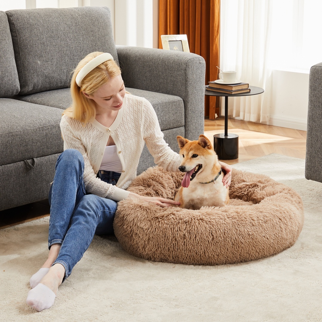 24 Inch Anti-Slip Round Fluffy Plush Faux Fur Cat Bed, Fits Up To 25 Lbs Pets - Image 2