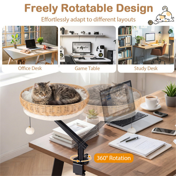 360 Rotatable Desktop Cat Bed Perch, 2-in-1 Workspace Cat Retreat With Jingling Ball Natural Black White - Image 8