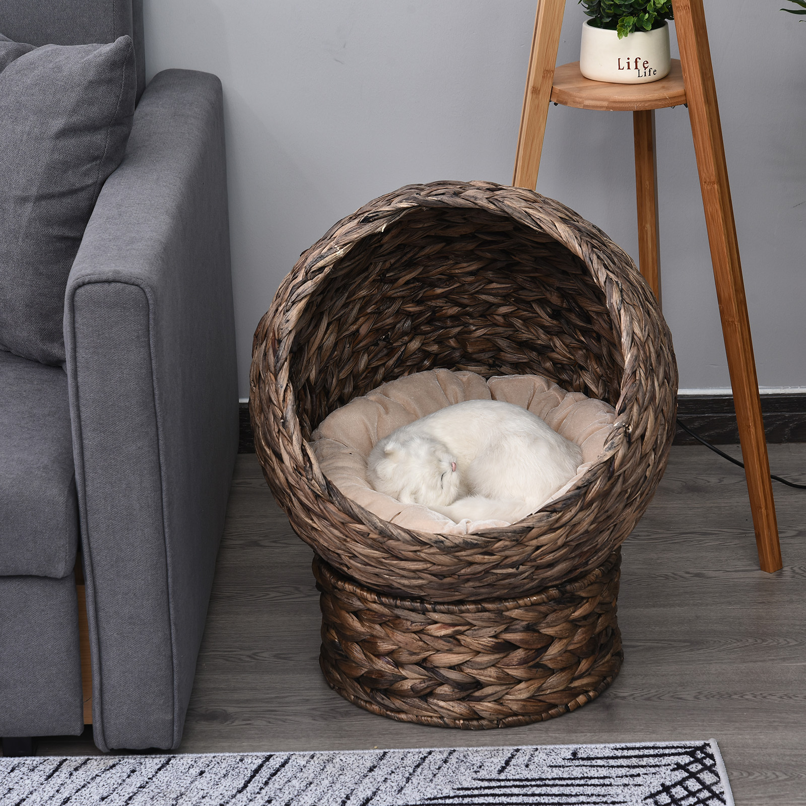 Handwoven Elevated Cat Bed with Rotating Basket and Soft Cushion, Wicker Cat Egg Chair with Stand, Brown - Image 5