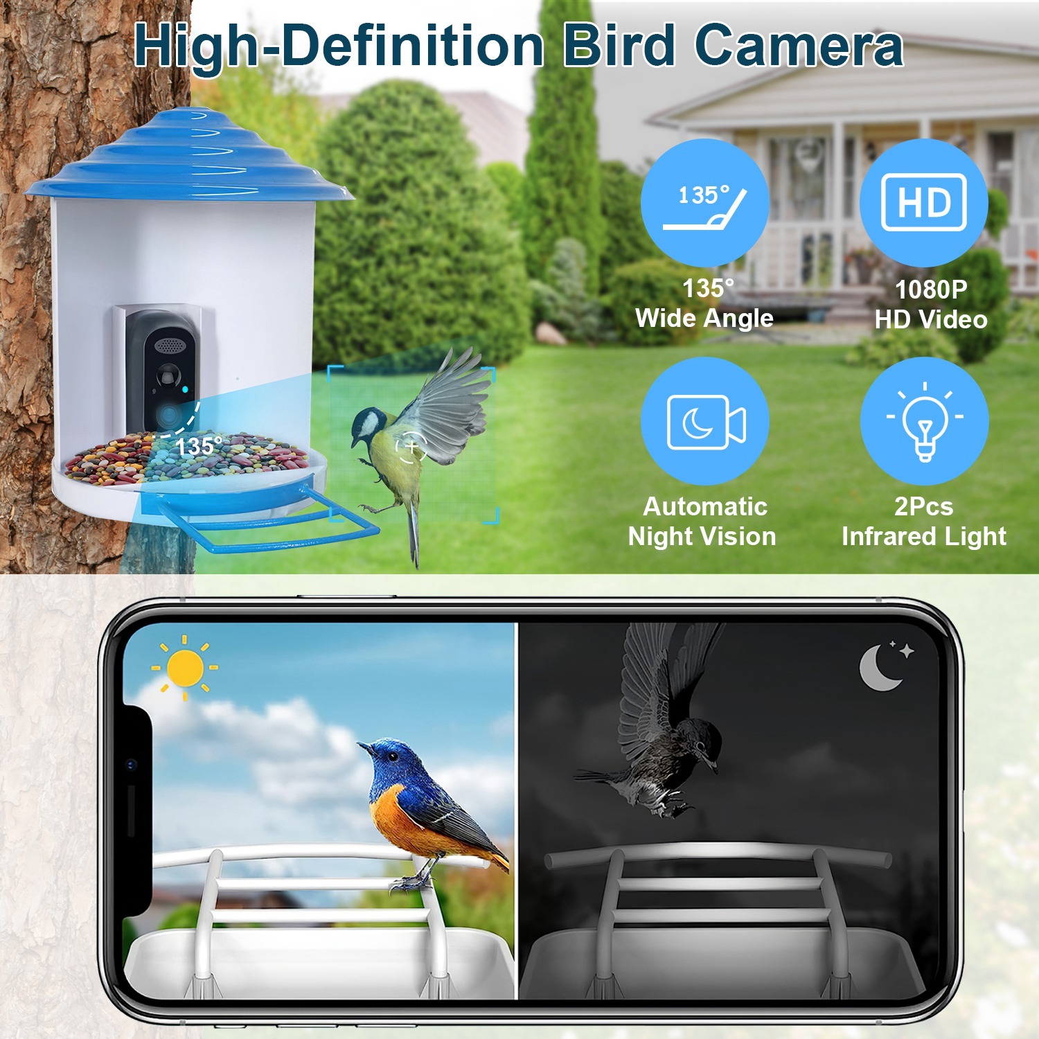 Smart Bird Feeder With Solar Powered Camera 1080P HD AI Identify PIR Motion Auto Capture Video Cloud Card Storage WiFi Connection App Control IP65 Waterproof - Image 8