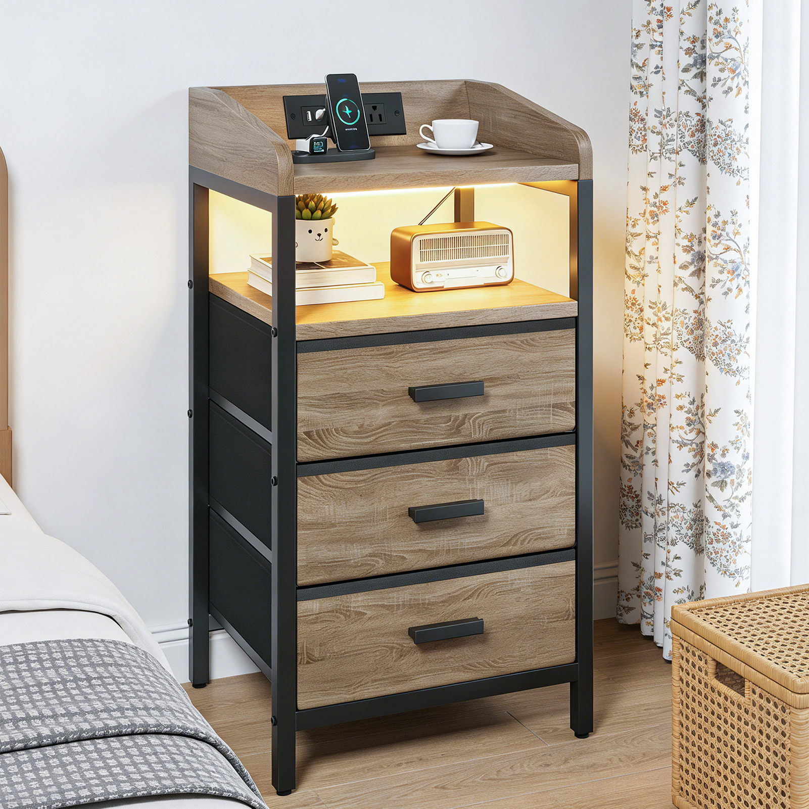 2 Pack Night Stand With Charging Station And Light Bedside End Table With 3 Fabric Drawers 2 USB Ports And Outlets For Bedroom - Image 5