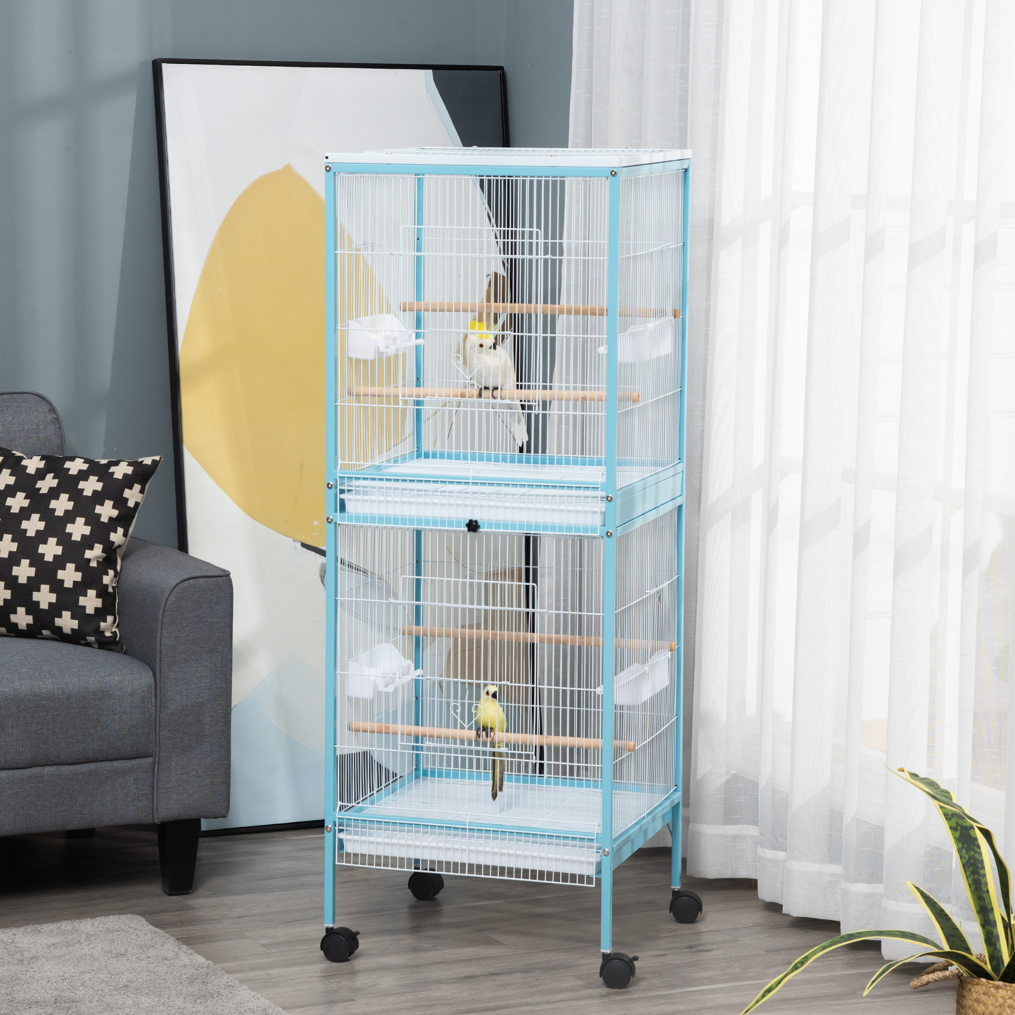 55" 2 In 1 Bird Cage Aviary Parakeet House for finches, budgies with Wheels, Light Blue - Image 5