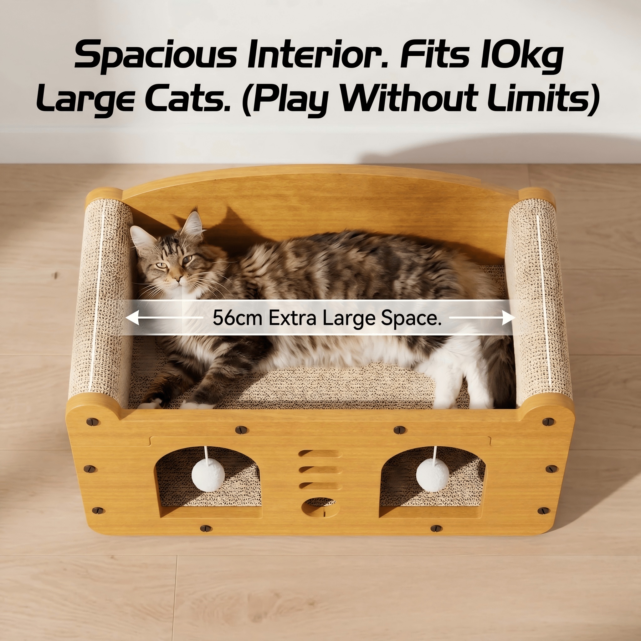 Multi-Style Double-Layer Cat Scratcher House, 2-Tier Large Cat Villa Bed With Corrugated Cardboard, Interactive Hanging Balls & Ergonomic Neck Support, Furniture-Saving Hideaway Cave For Indoor Cats - Image 8