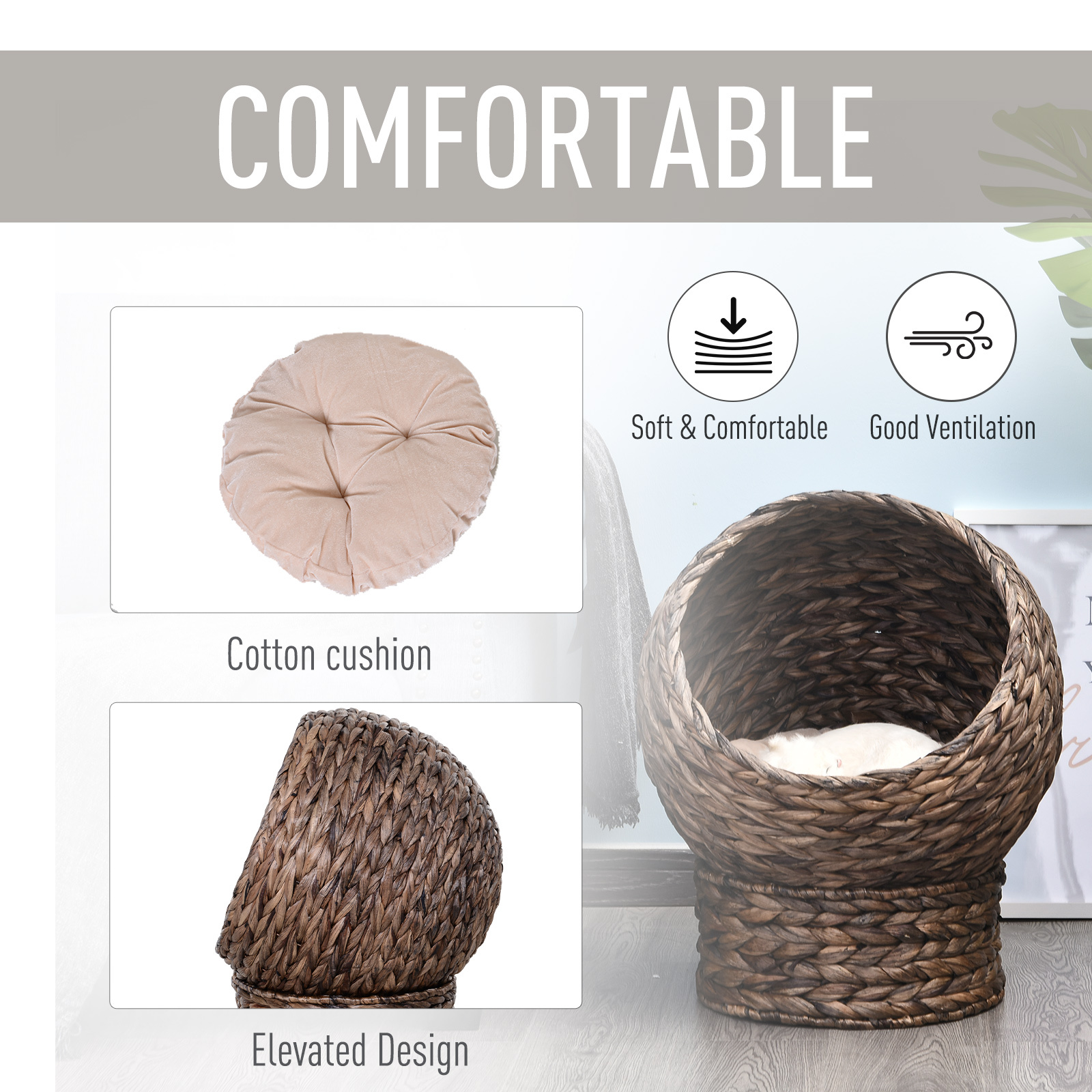 Handwoven Elevated Cat Bed with Rotating Basket and Soft Cushion, Wicker Cat Egg Chair with Stand, Brown - Image 7