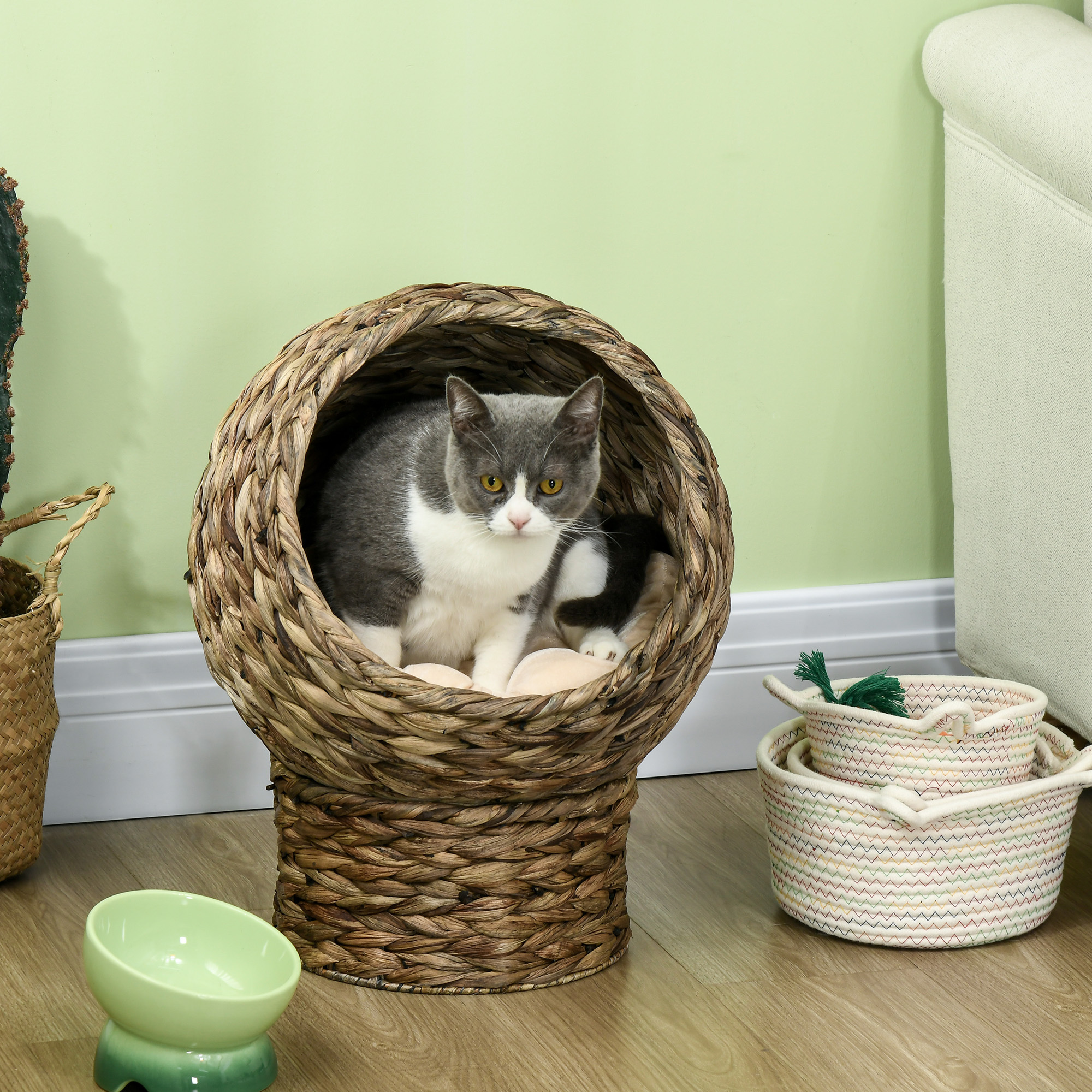 Handwoven Elevated Cat Bed with Soft Cushion & Egg Chair Shape, Basket Bed Kitty House with Stand, Raised Wicker House for Indoor Cats, 20" H, Gray - Image 6