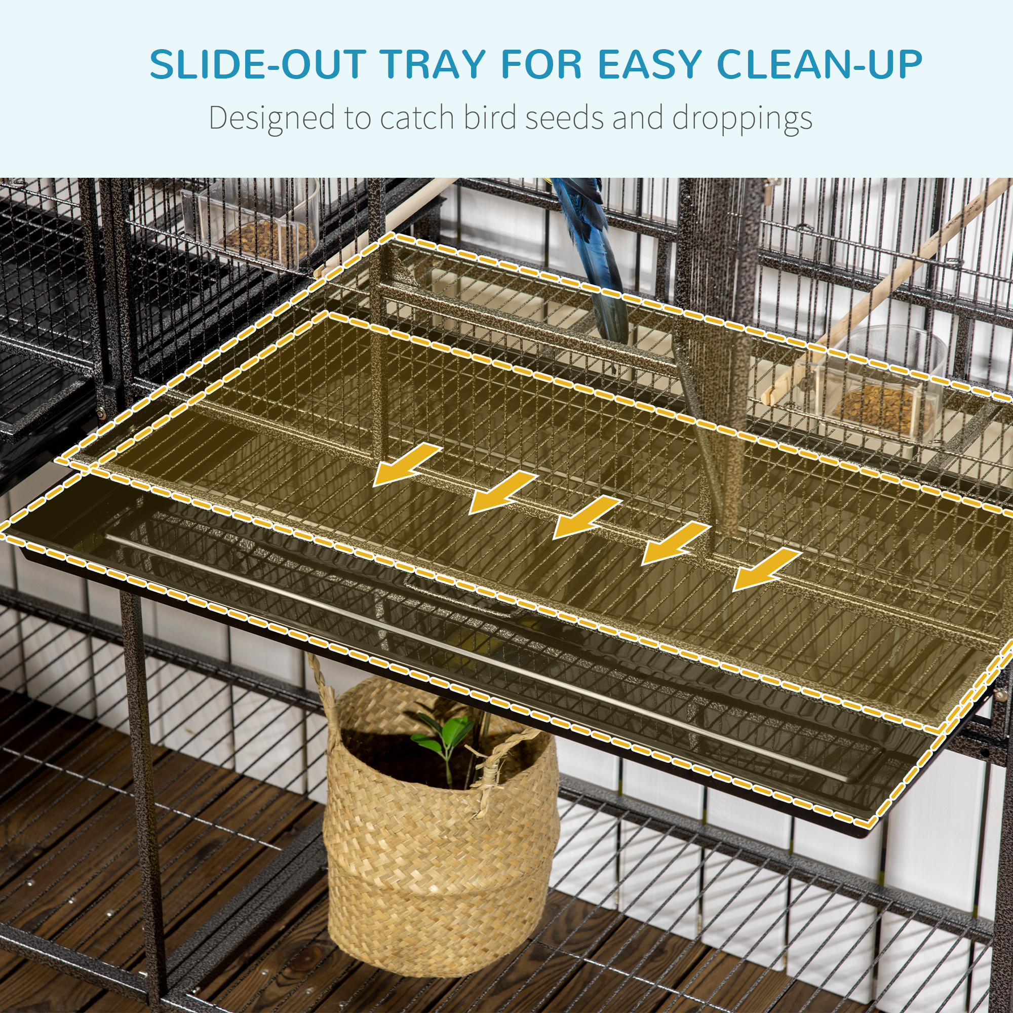 Rolling 65"L Bird Cage w/ Storage Shelf Wood Perch Food Container - Image 7