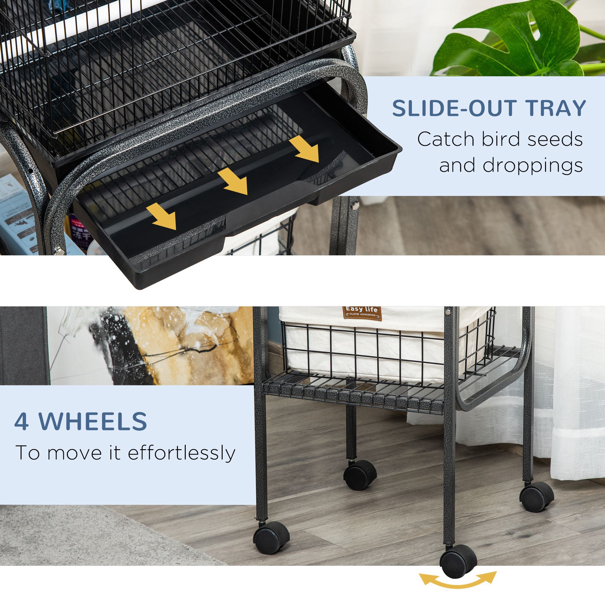 45-inch Metal Indoor Bird Cage, Parrot Cage, Bird Aviary with Detachable Rolling Stand, Storage Basket, and Accessories - Black - Image 3