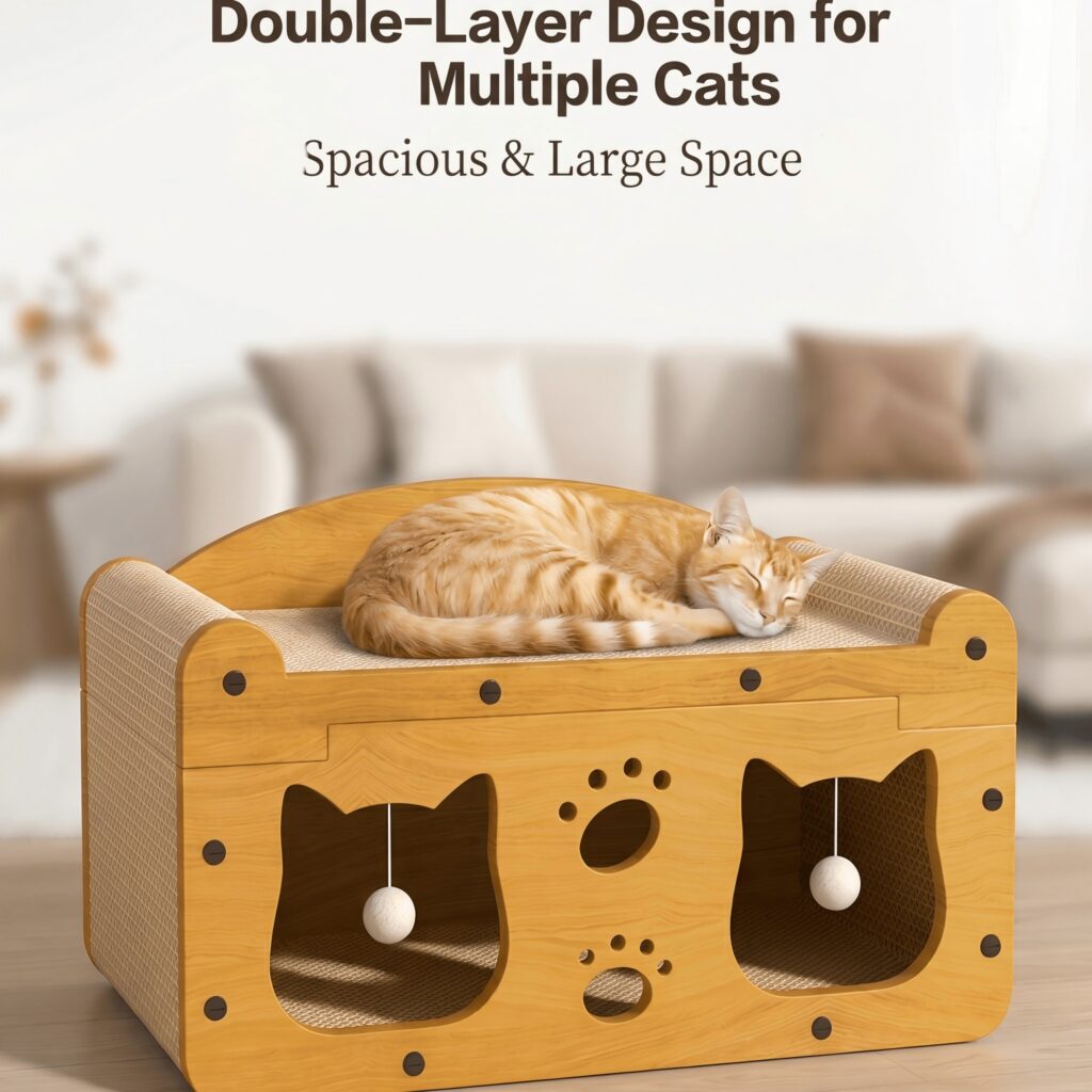 Multi-Style Double-Layer Cat Scratcher House, 2-Tier Large Cat Villa Bed With Corrugated Cardboard, Interactive Hanging Balls & Ergonomic Neck Support, Furniture-Saving Hideaway Cave For Indoor Cats