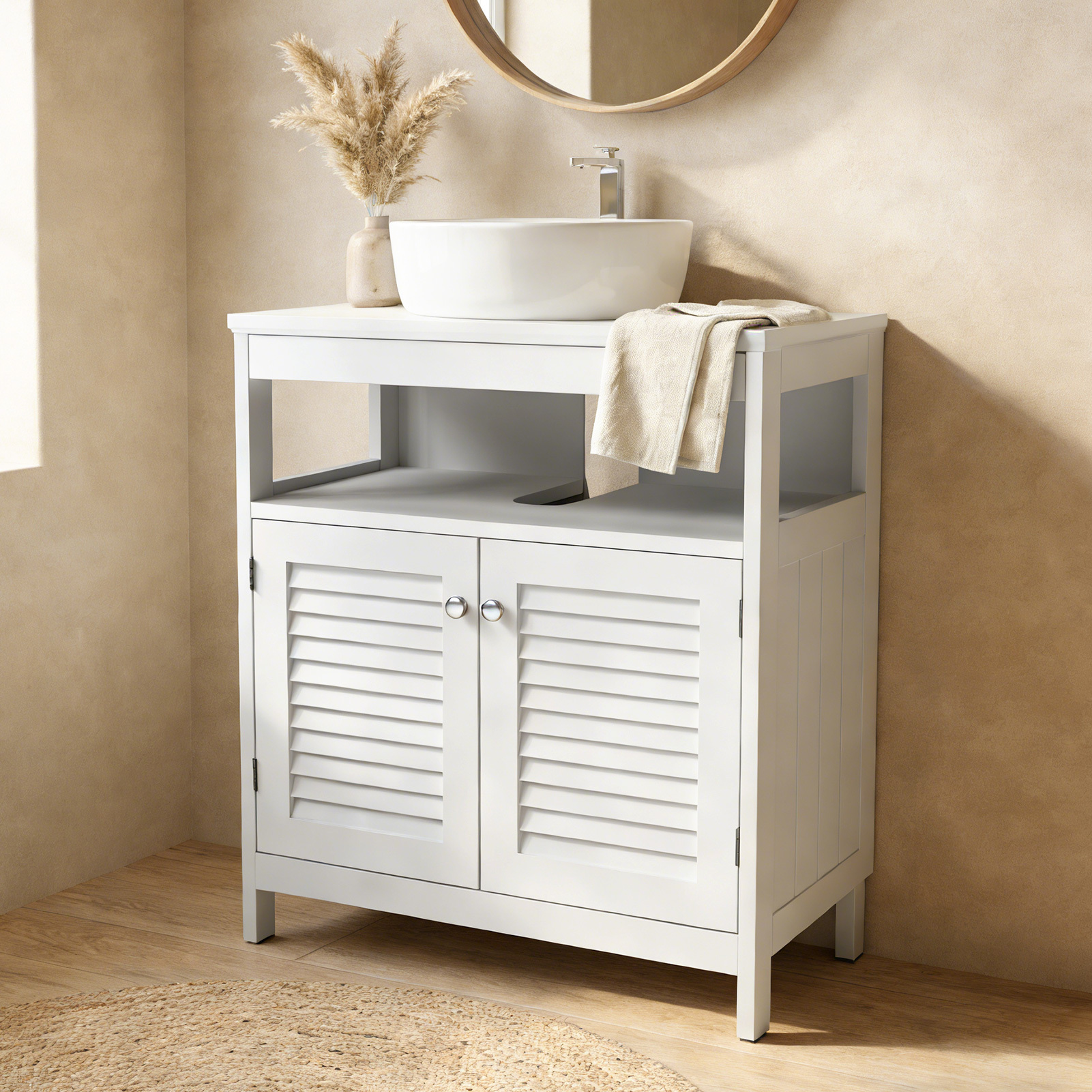 Wall Mounted Sink Plumbing Under Sink Storage Cabinet With 2 Doors Open Shelf U Shape Cut Out Wall Mounted Drainage Bathroom Under Sink Vanity For Toiletries Makeup - Image 4