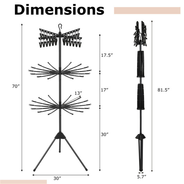 3-Tier Foldable Tripod Clothes Drying Rack With 24 Clips & 32 Rods, 70 Space Saving Laundry Dryer - Image 9