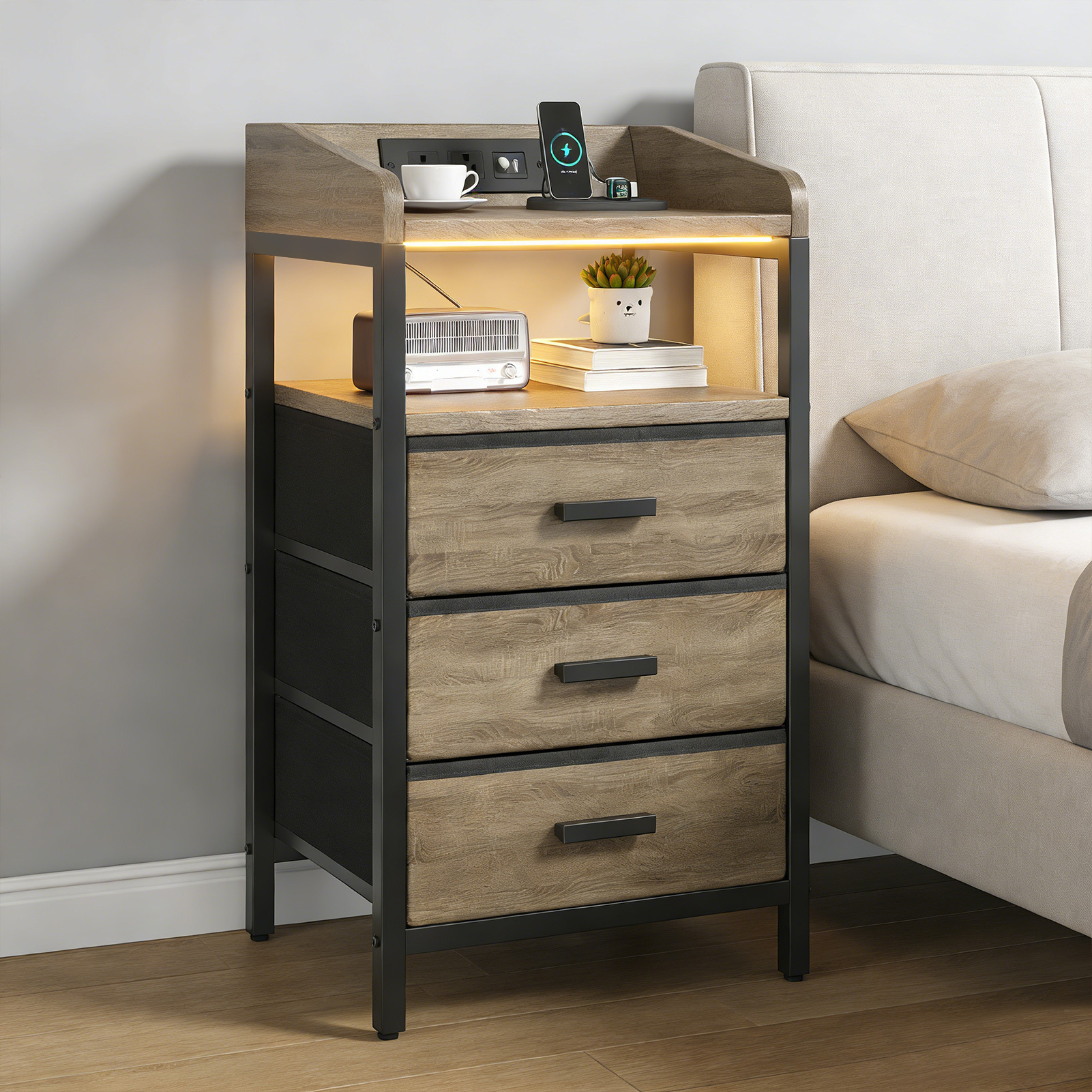 2 Pack Night Stand With Charging Station And Light Bedside End Table With 3 Fabric Drawers 2 USB Ports And Outlets For Bedroom - Image 3