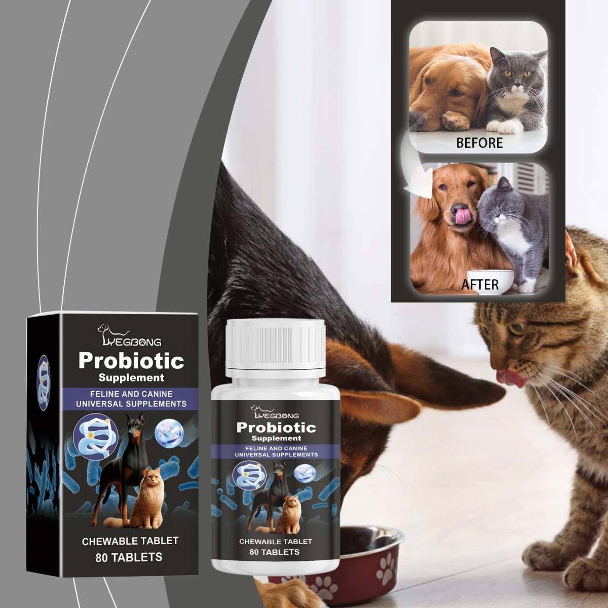 Pet Probiotic Chewable Tablets For Dogs & Cats Digestive Health Support, Immune Booster With Vitamin B2 & Yeast Selenium, 80 Tablets - Image 2